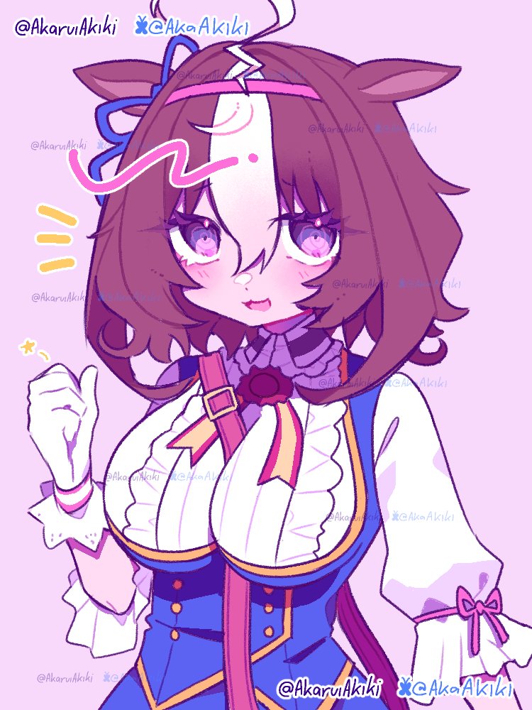 akaruiakiki, meisho doto (blue/raging) (umamusume), meisho doto (umamusume), umamusume, 1girl, ahoge, animal ears, between breasts, blue dress, blush, bow, breasts, brown hair, double-parted bangs, dress, ear ribbon, gloves, hair between eyes, hairband, headband, horse ears, horse girl, large breasts, long sleeves, looking at viewer, medium hair, multicolored hair, open mouth, pink hairband, pink headband, purple eyes, shirt, short hair, smile, solo, strap between breasts, two-tone hair, upper body, white dress, white gloves, white hair