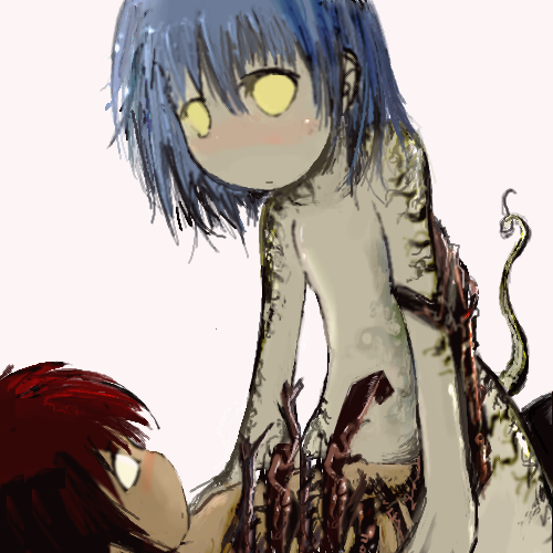 seirei (mimi toka), magic: the gathering, lowres, blue hair, monster girl, short hair, tail, yellow eyes