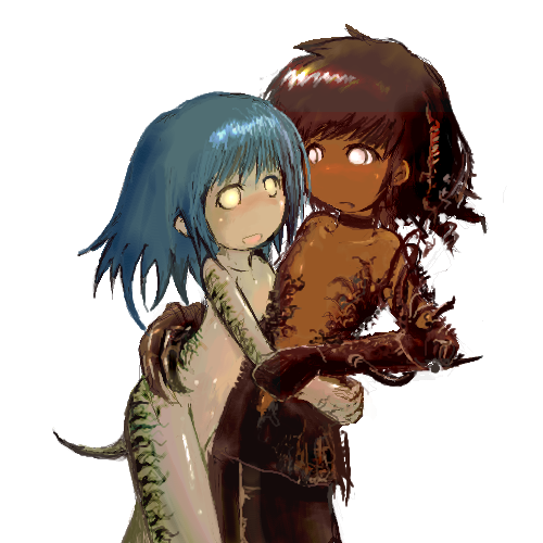 seirei (mimi toka), magic: the gathering, lowres, 1boy, 1girl, green hair, hetero, hug, monster girl, red hair, tail