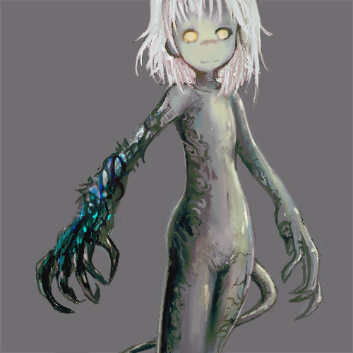 seirei (mimi toka), magic: the gathering, lowres, 1girl, female focus, light smile, monster girl, nude, short hair, solo, tail, white hair, yellow eyes