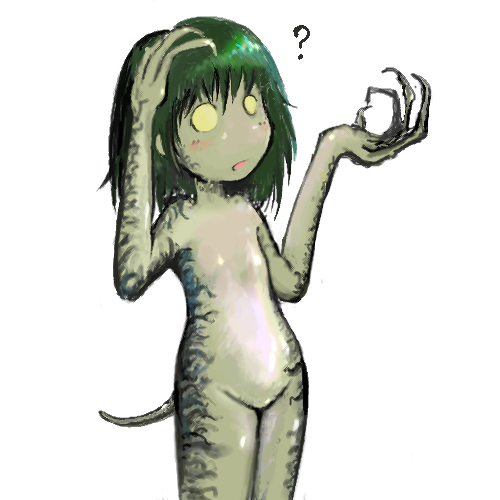 seirei (mimi toka), swampwalker, magic: the gathering, lowres, 1girl, :o, ?, blush, claws, female focus, flat chest, green hair, hand on own head, monster girl, no nipples, no pupils, no pussy, nude, open mouth, pupiless eyes, scales, short hair, simple background, solo, standing, tail, yellow eyes