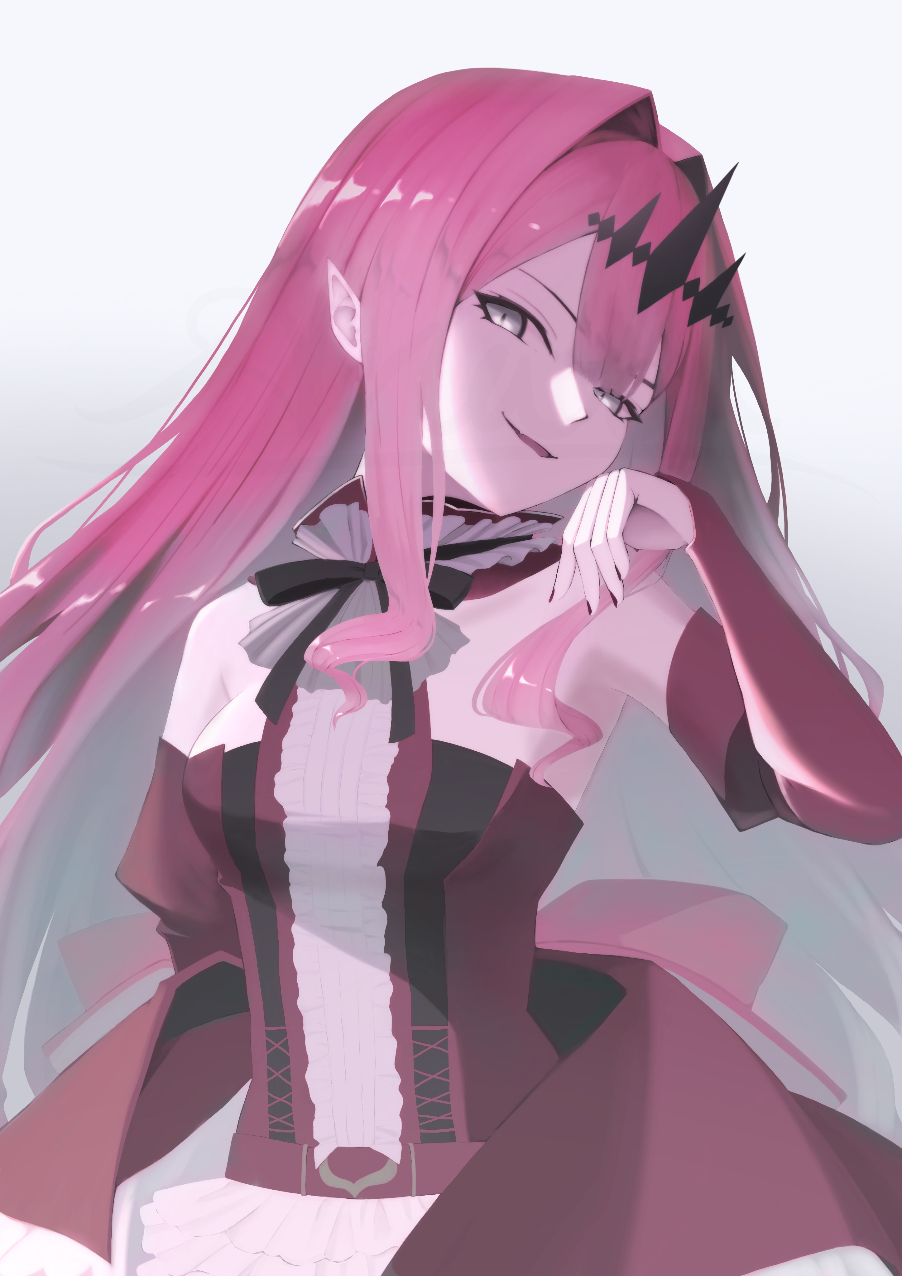 anata6350, baobhan sith (fate), baobhan sith (first ascension) (fate), fate/grand order, fate (series), absurdres, highres, 1girl, bare shoulders, breasts, center frills, detached collar, detached sleeves, dress, frills, grey eyes, long hair, looking at viewer, medium breasts, open mouth, pink hair, pointy ears, red dress, sidelocks, smile, solo, tiara