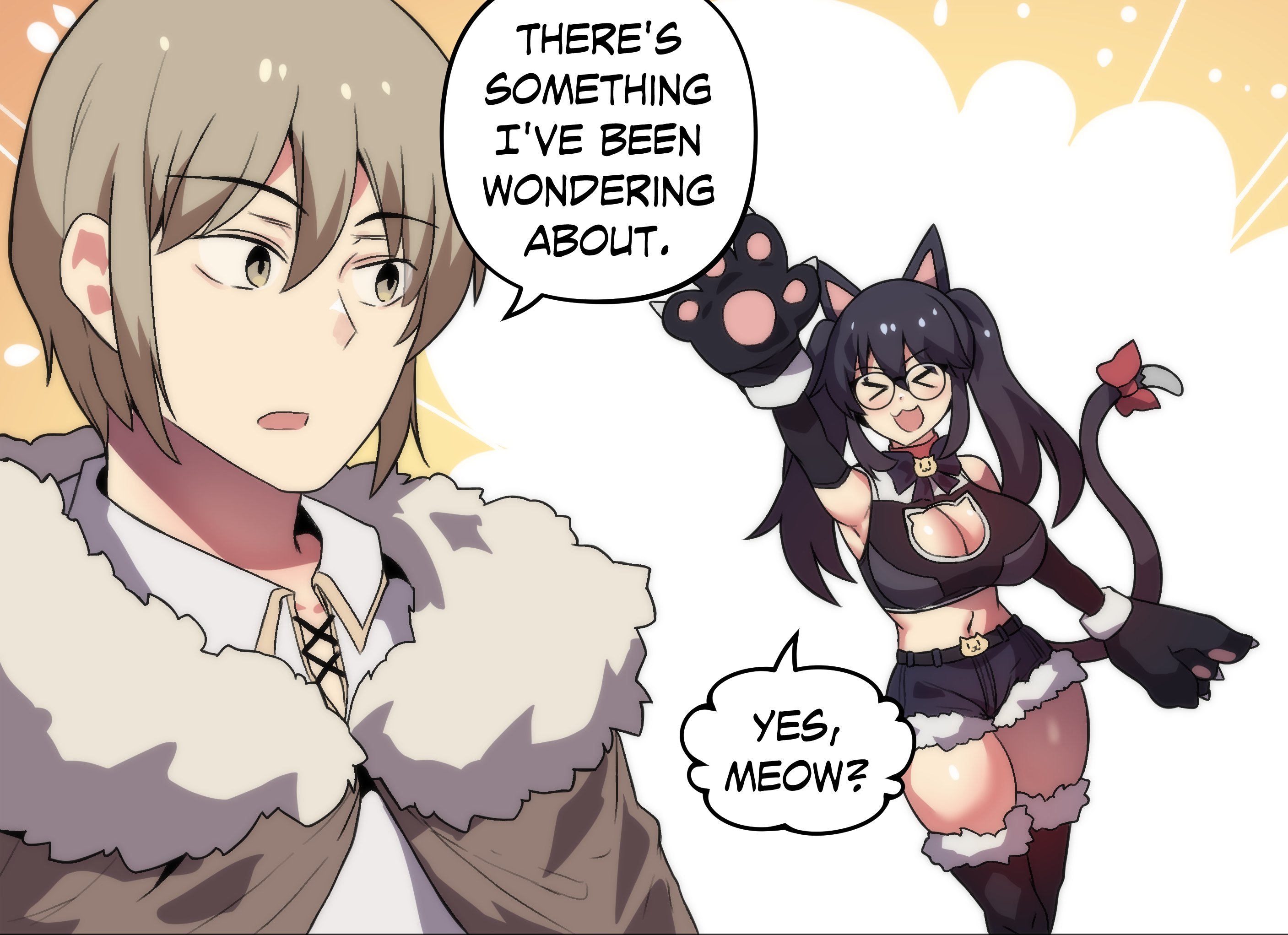 hinghoi, merryweather, original, commentary, english commentary, highres, > <, 1boy, 1girl, animal ears, animal hands, black shorts, breasts, brown cape, brown hair, cape, cat ears, cat girl, cat tail, cleavage, cleavage cutout, clothing cutout, crop top, double-parted bangs, english text, fur-trimmed cape, fur trim, glasses, gloves, hair between eyes, large breasts, long hair, open mouth, paw gloves, short hair, short shorts, shorts, speech bubble, tail, talking, twintails