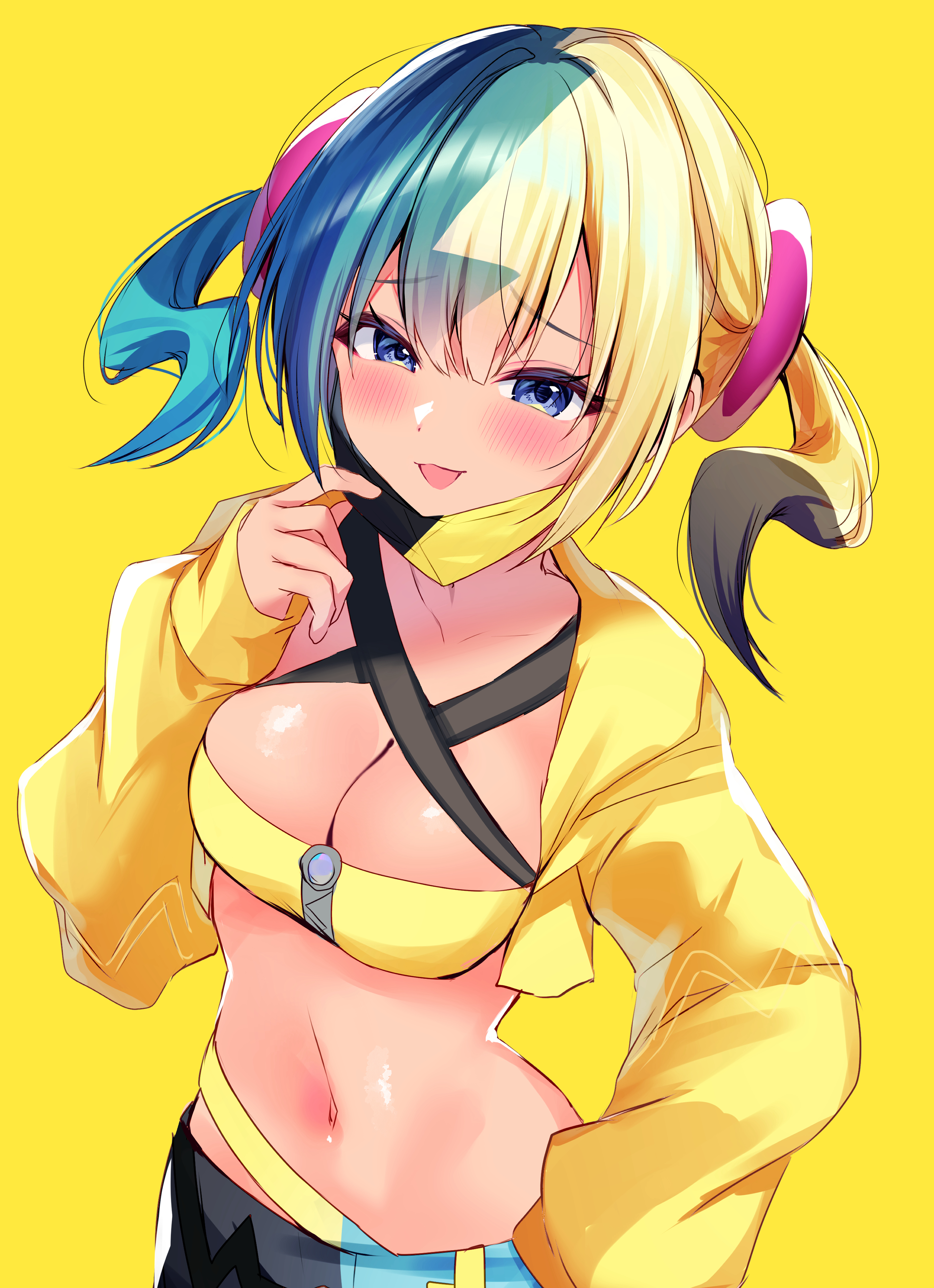 nenobi (nenorium), canari (pokemon), nintendo, pokemon, pokemon legends: z-a, absurdres, highres, 1girl, alternate breast size (larger), bandeau, black mask, blonde hair, blue eyes, blue hair, blush, breasts, cleavage, collarbone, crop top, cropped jacket, hair ornament, jacket, large breasts, looking at viewer, mask, midriff, mouth mask, multicolored hair, navel, open mouth, pants, short hair, simple background, smile, solo, stomach, strapless, tongue, tongue out, tube top, twintails, two-tone hair, two-tone mask, yellow background, yellow jacket, yellow mask, zipper