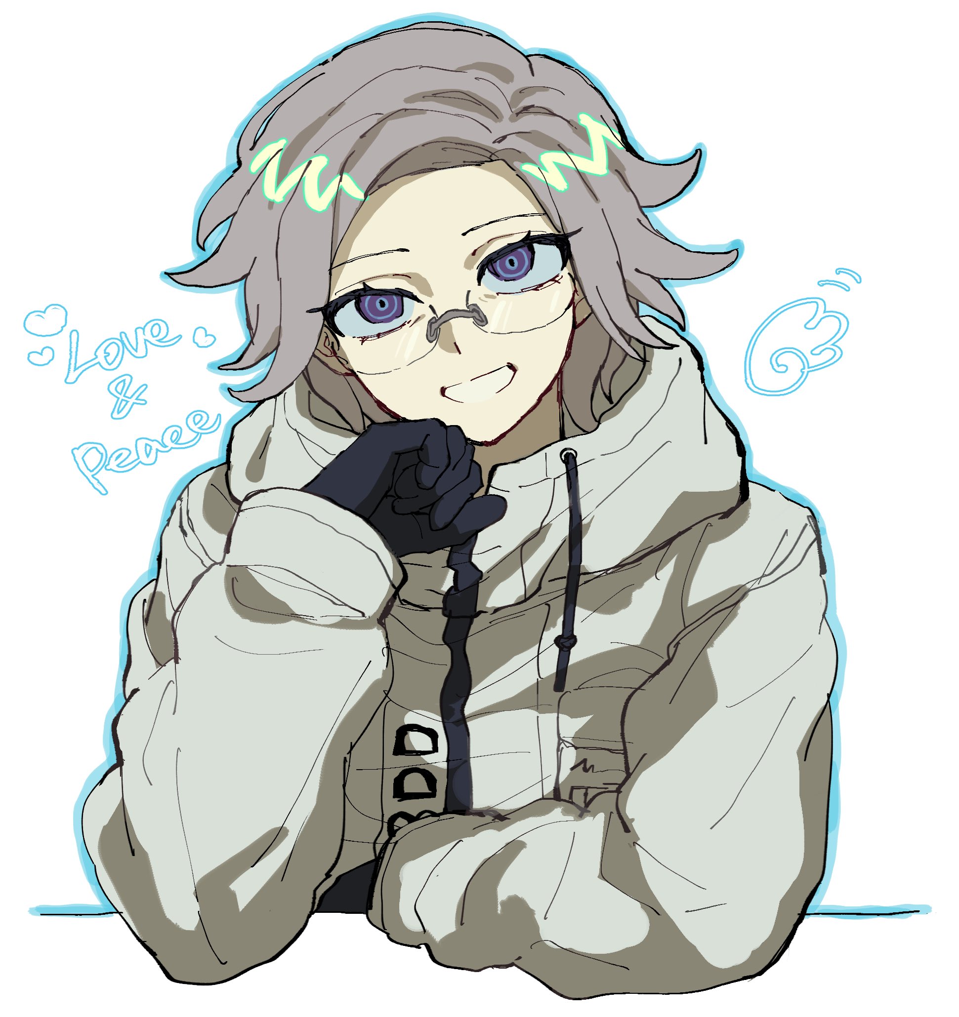 oteage, aotsuki eito, the hundred line -last defense academy-, highres, 1boy, arm rest, black gloves, blue outline, breast pocket, catchphrase, drawstring, english text, glasses, gloves, grey hair, grin, head rest, jacket, looking at viewer, male focus, outline, pocket, purple eyes, ringed eyes, semi-rimless eyewear, short hair, simple background, smile, solo, white background, white jacket