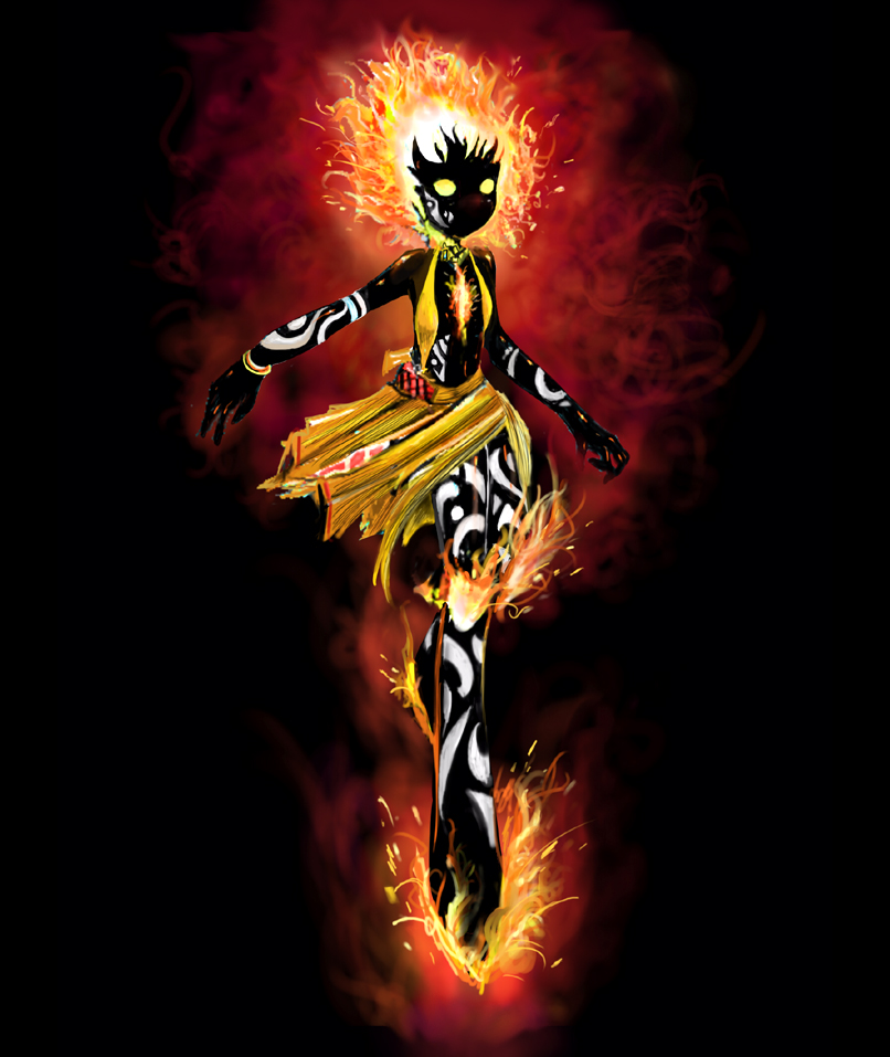 seirei (mimi toka), ashling, magic: the gathering, 1girl, black skin, colored skin, dark-skinned female, dark skin, female focus, fiery hair, fire, glowing, markings, skirt, smoke, solo, yellow eyes