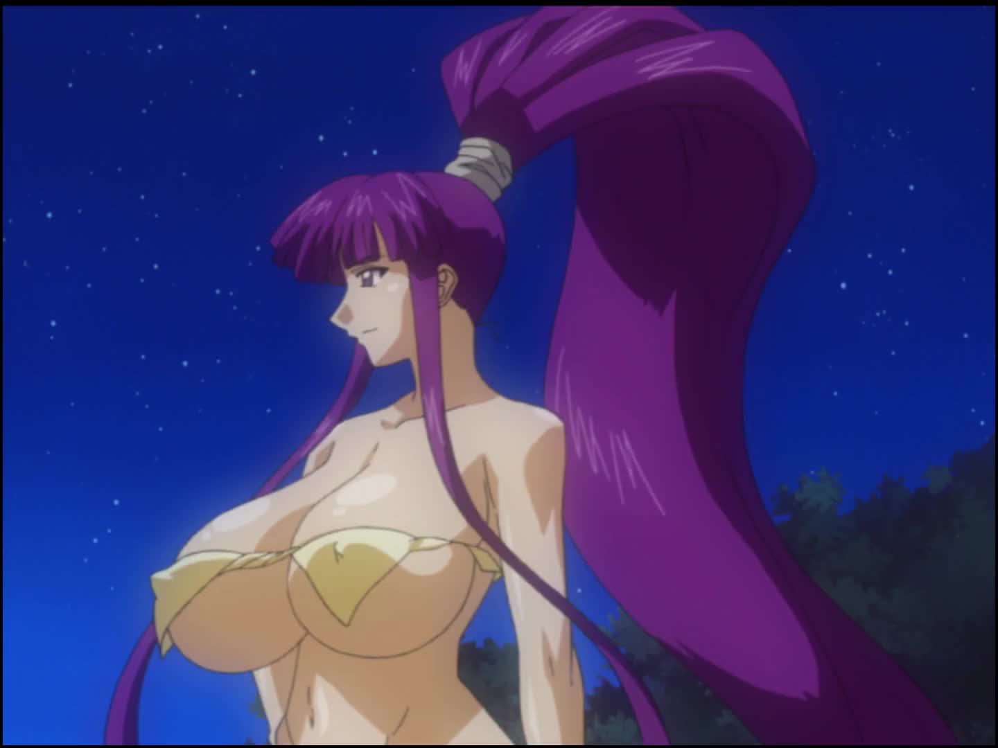misono kirika, eiken, animated, anime screenshot, sound, tagme, video, bikini, bouncing breasts, breasts, gigantic breasts, high ponytail, huge breasts, long hair, ponytail, purple hair, smile, swimsuit, very long hair