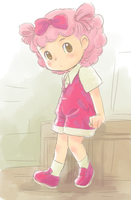 yamanokonza, makiba ramurin, shima shima tora no shimajirou, 1girl, arm support, blush, bow, brown eyes, curly hair, hair bow, hair rings, humanization, looking at viewer, overalls, pink bow, pink hair, red overalls, red shoes, shirt, shoes, short hair, short sleeves, socks, standing, twintails, white shirt, white socks