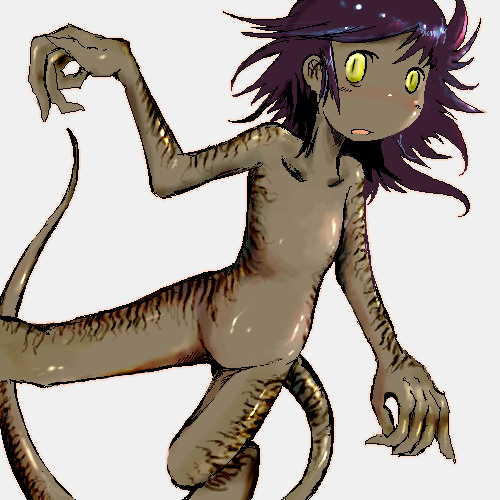 seirei (mimi toka), swampwalker, magic: the gathering, lowres, 1girl, blush, female focus, flat chest, loli, monster girl, nude, open mouth, short hair, simple background, solo, tail, yellow eyes