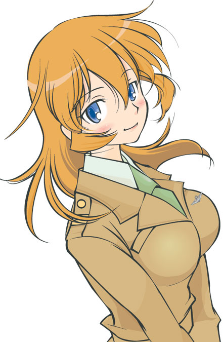 charlotte e. yeager, strike witches, world witches series, 00s, 1girl, blue eyes, blush, breasts, brown hair, female focus, hair between eyes, head tilt, light smile, long hair, looking at viewer, military, military uniform, necktie, orange hair, simple background, smile, solo, upper body, white background