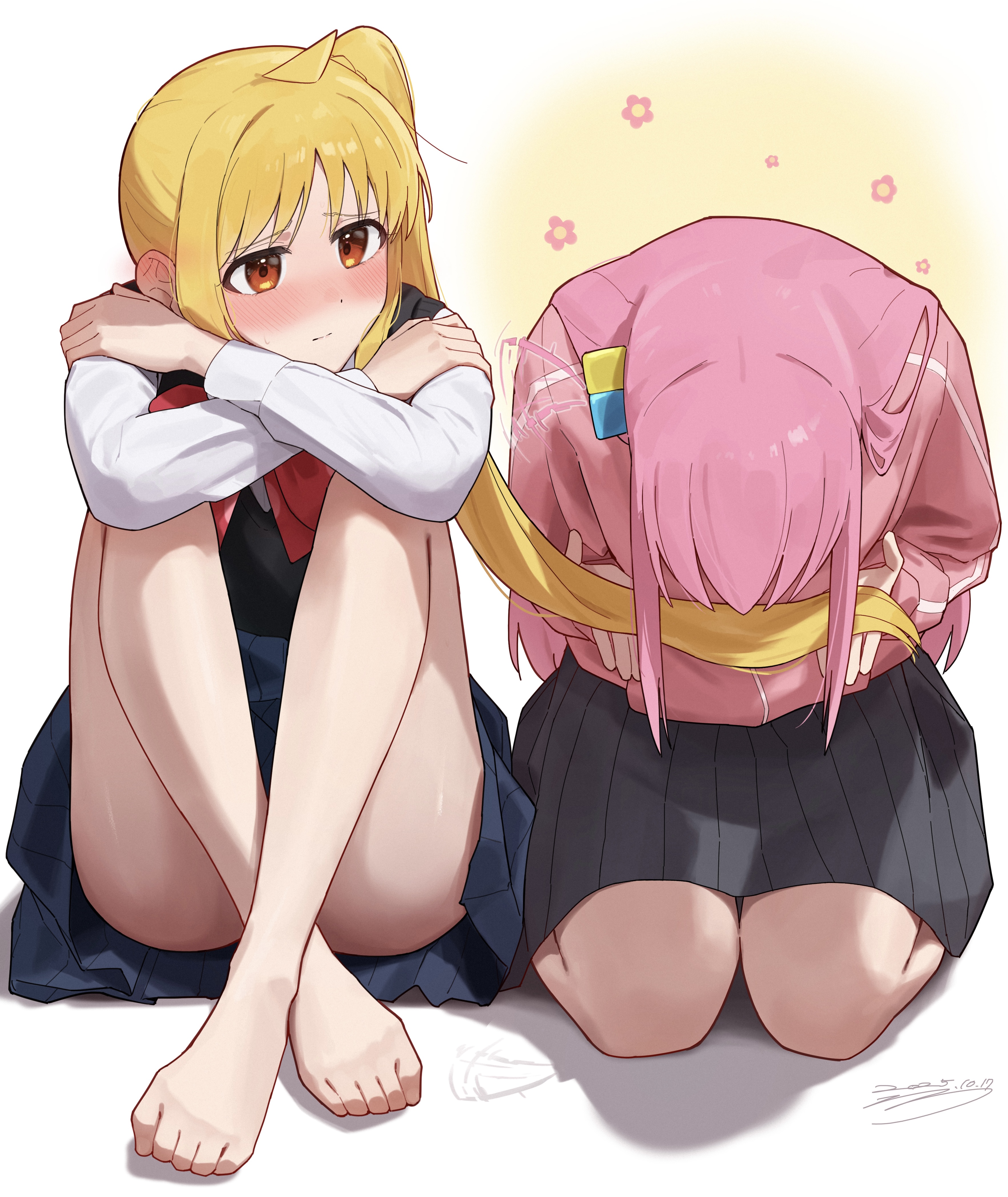 seisyuntarotto, gotoh hitori, ijichi nijika, bocchi the rock!, absurdres, commentary request, highres, 2girls, ahoge, bare legs, barefoot, black skirt, blue skirt, blush, bow, bowtie, closed mouth, crossdressing, cube hair ornament, full body, hair ornament, holding another's hair, jacket, knees up, long hair, multiple girls, one side up, pink hair, pink jacket, pleated skirt, red bow, red bowtie, red eyes, shirt, side ponytail, sitting, skirt, white shirt