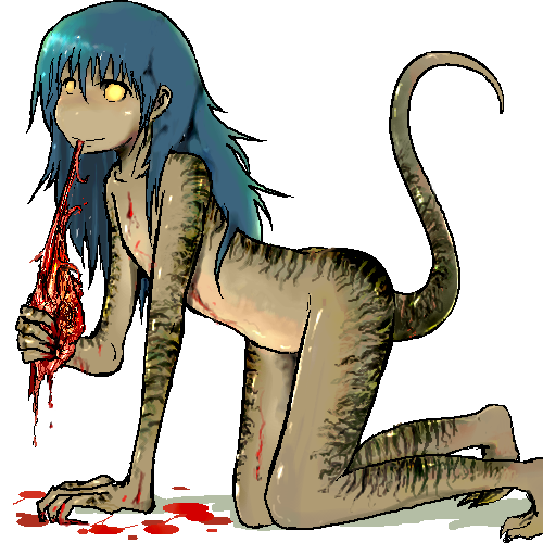 seirei, seirei (mimi toka), magic: the gathering, lowres, 1girl, female focus, guro, monster girl, nude, personification, solo, tail, yellow eyes