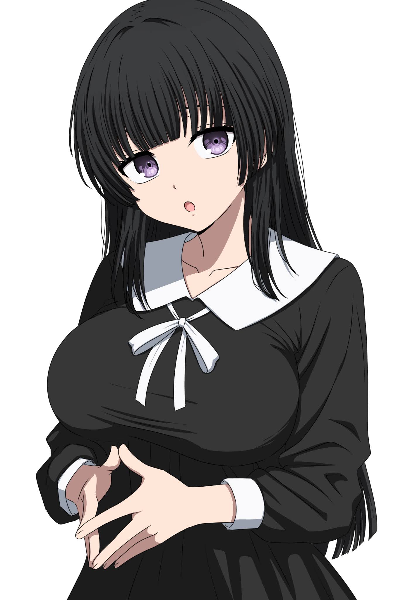noshimurin, shirokane rinko, bang dream!, commentary request, highres, 1girl, :o, black dress, black hair, blunt bangs, breasts, dress, fingernails, hime cut, huge breasts, long hair, looking at viewer, open mouth, purple eyes, simple background, solo, steepled fingers, upper body, white background