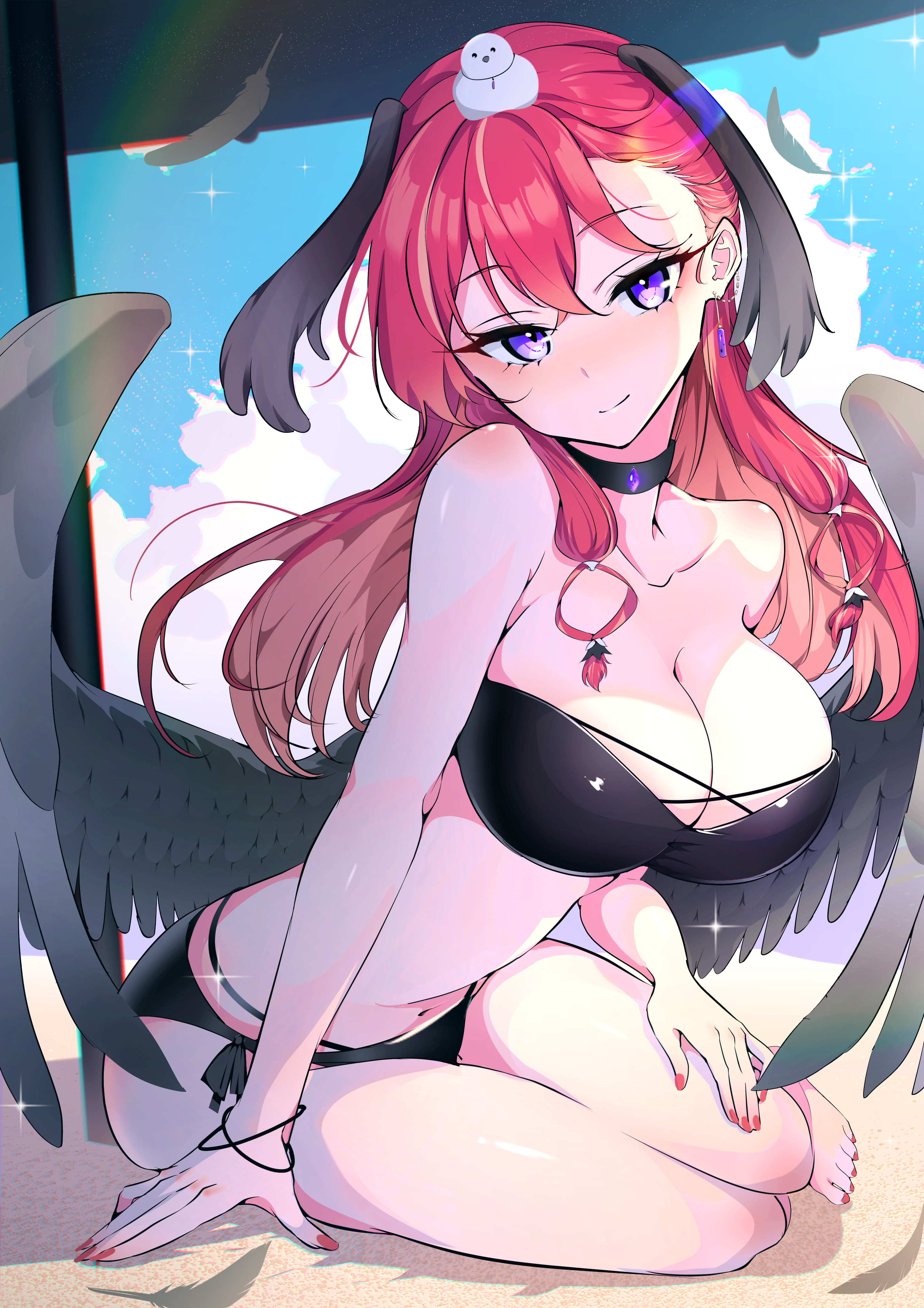 kiiro (cocoa080), konkon aria, neo-porte, absurdres, highres, 1girl, arm support, bare shoulders, beach, beach umbrella, bikini, black bikini, black wings, blush, braid, braided bangs, breasts, cleavage, cloud, collarbone, criss-cross straps, dress, ear chain, earrings, gem, hair between eyes, head wings, jewelry, large breasts, linked piercing, long hair, looking at viewer, low-tied sidelocks, low wings, navel, parasol, piercing, purple eyes, purple gemstone, red hair, side-tie bikini bottom, sidelocks, simple background, sitting, sky, smile, snowman, swimsuit, umbrella, virtual youtuber, wings