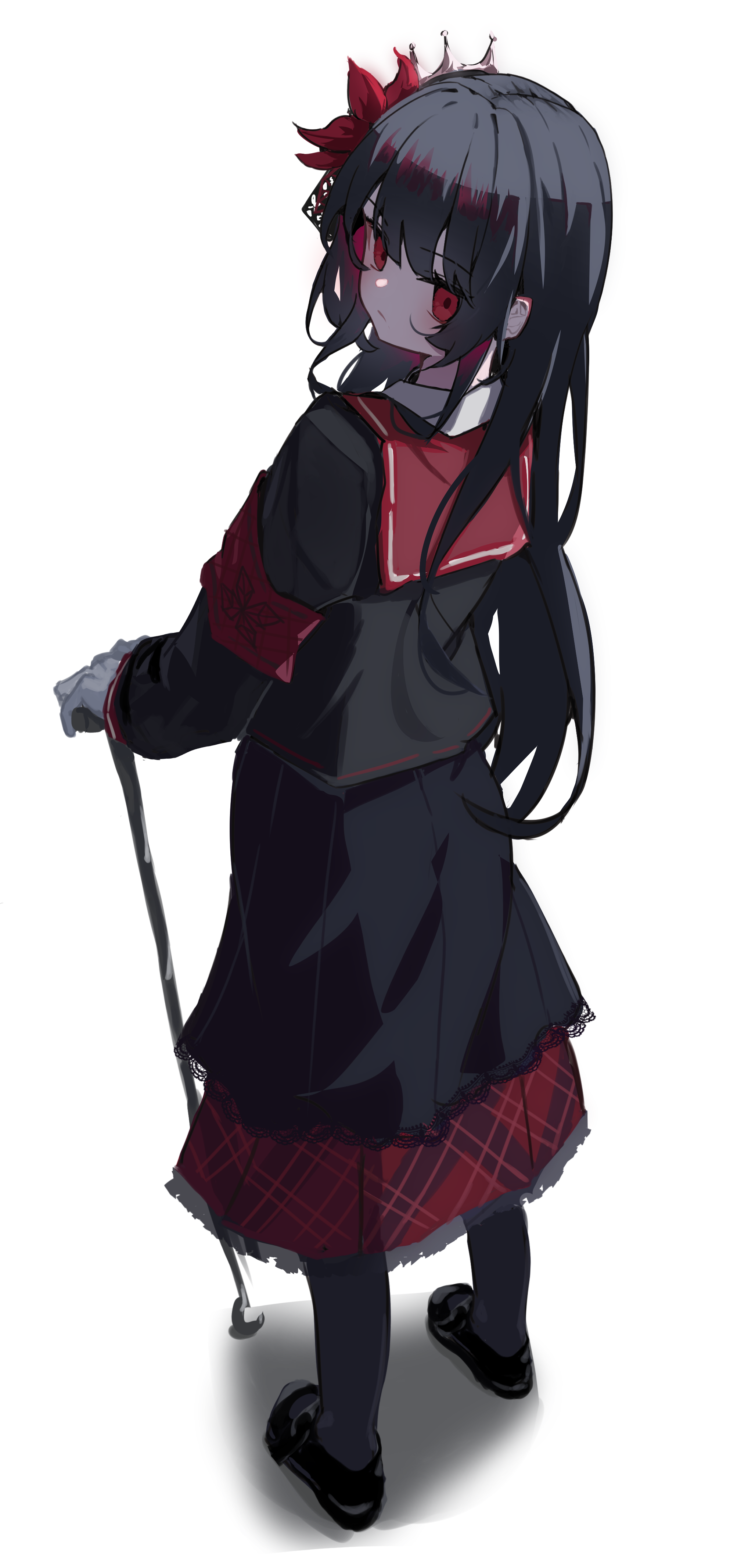 mangotonic, nikaido hiro, mahou shoujo no majo saiban, absurdres, highres, 1girl, armband, black hair, black shoes, black socks, cane, crown, flower, gloves, hime cut, long hair, looking at viewer, looking back, magical girl, red armband, red eyes, red flower, shoes, simple background, socks, solo, white background, white gloves