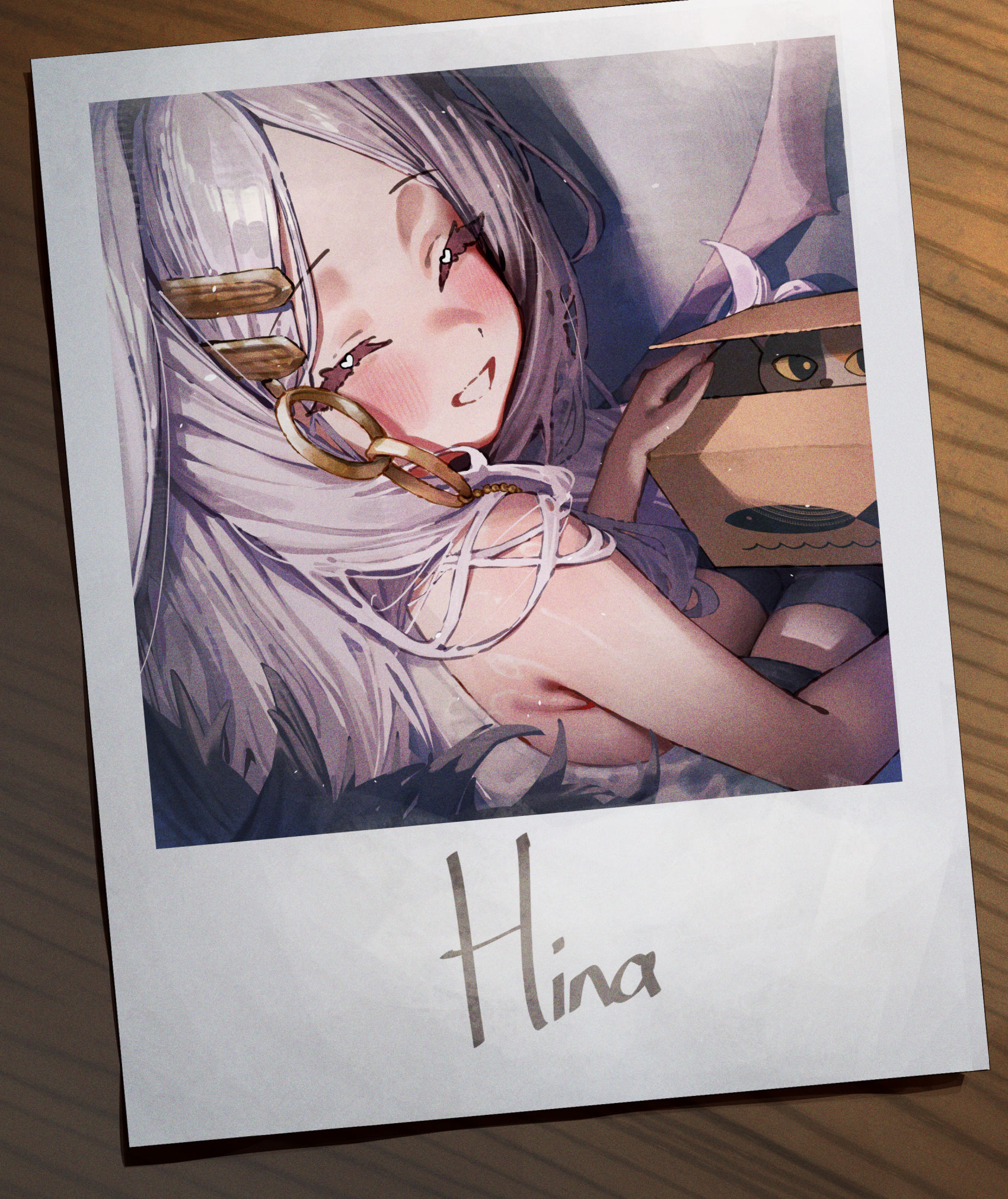 betabeet, hina (blue archive), blue archive, highres, 1girl, ahoge, armpit crease, art program in frame, black pants, black skirt, black thighhighs, blush, box, breasts, character name, closed eyes, coat, demon horns, double-parted bangs, fur coat, hair ornament, hairpin, holding, holding toy, horns, long hair, looking at viewer, open mouth, pants, pencil skirt, polaroid photo, purple eyes, shirt, skirt, sleeveless, small breasts, smile, solo, striped clothes, stuffed animal, stuffed cat, stuffed toy, table, thighhighs, toy, useless machine, vertical-striped clothes, white hair, white shirt
