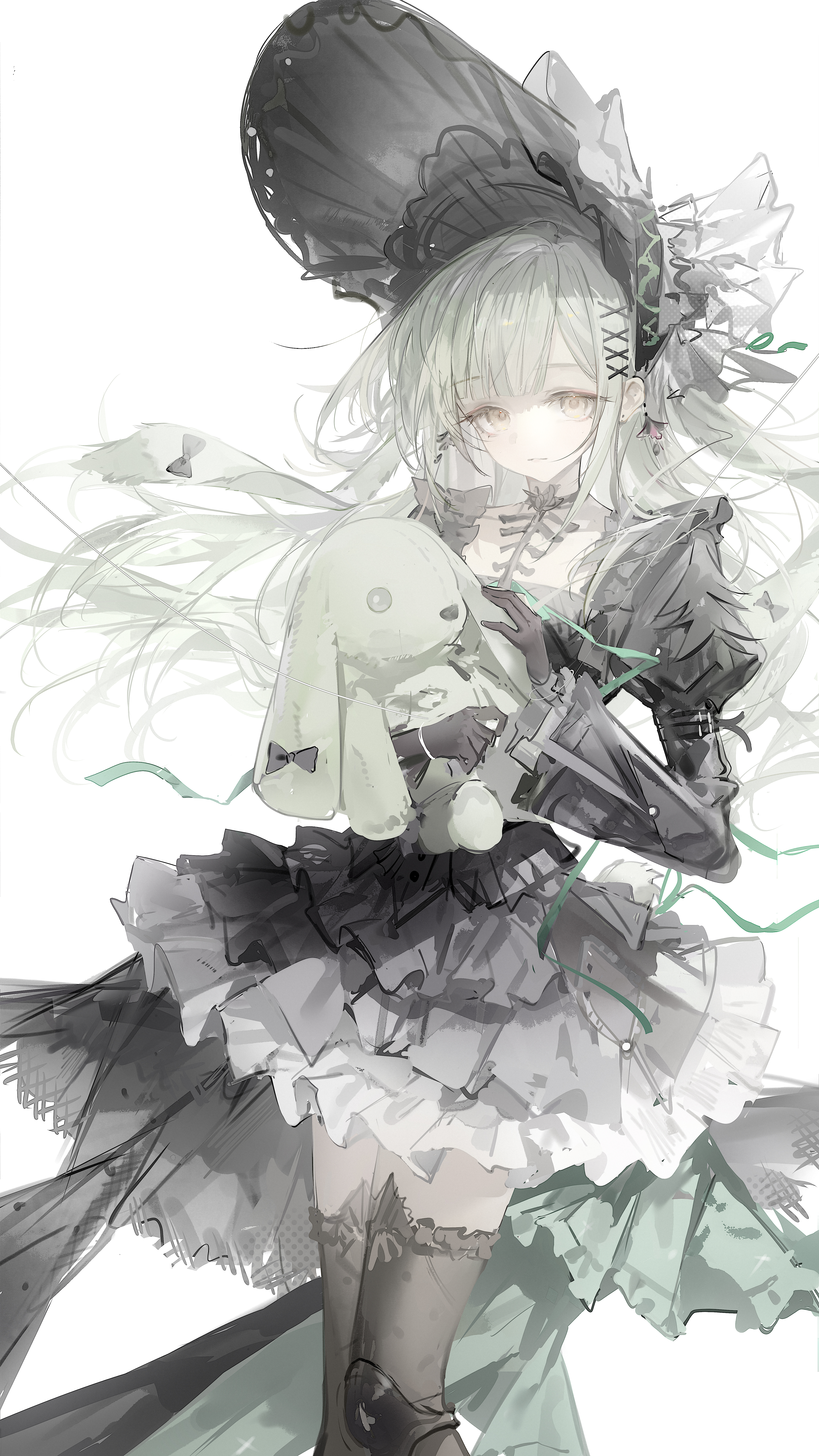 luozhou pile, wakaba mutsumi, wakaba mutsumi (marionette's id), arknights, bang dream!, bang dream! it's mygo!!!!!, absurdres, commentary, highres, 1girl, black bonnet, black dress, black gloves, black thighhighs, bonnet, closed mouth, dress, gloves, green hair, hair ornament, long hair, looking at viewer, sidelocks, simple background, solo, stuffed animal, stuffed rabbit, stuffed toy, thighhighs, white background, x hair ornament, yellow eyes, zettai ryouiki