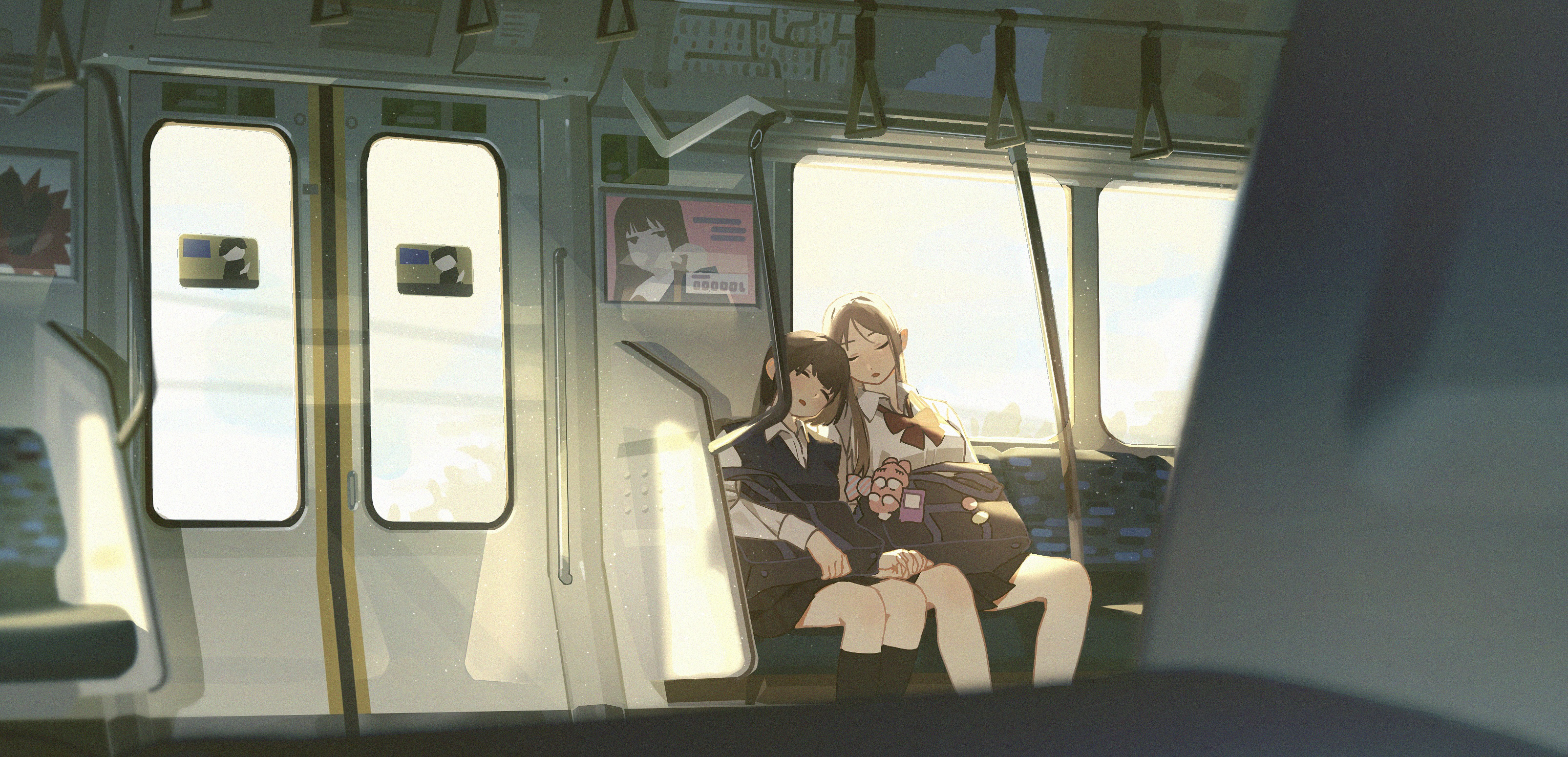 original, absurdres, commentary request, contest winner, highres, 2girls, backlighting, badge, bag, bag charm, bag on lap, black bag, black hair, black skirt, black socks, black sweater vest, bob cut, bow, bowtie, brown hair, button badge, candy, charm (object), closed eyes, collared shirt, couple, day, dress shirt, food, hand grip, heads together, holding hands, kneehighs, leaning on person, long hair, long sleeves, middle part, miniskirt, multiple girls, namegata, parted bangs, parted lips, pleated skirt, poster (medium), red bow, red bowtie, school bag, school uniform, shirt, short hair, side-by-side, sitting, skirt, sleeping, sleeping on person, sleeping together, sleeve cuffs, slice of life, socks, sunlight, sweater vest, train interior, u u, white shirt, wide shot, wing collar, wrapped candy, yuri