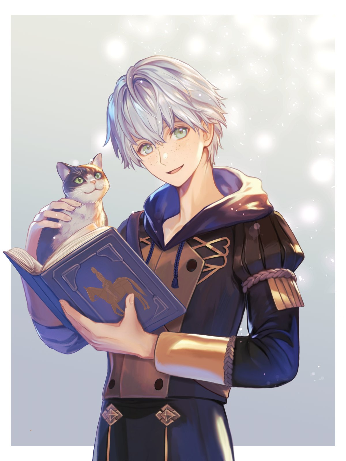 wrainbow13, ashe ubert, fire emblem, fire emblem: three houses, nintendo, highres, 1boy, blue hood, book, cat, freckles, garreg mach monastery uniform, green eyes, grey hair, holding, holding book, hood, hood down, long sleeves, looking at viewer, male focus, open mouth, short hair, simple background, smile, whiskers