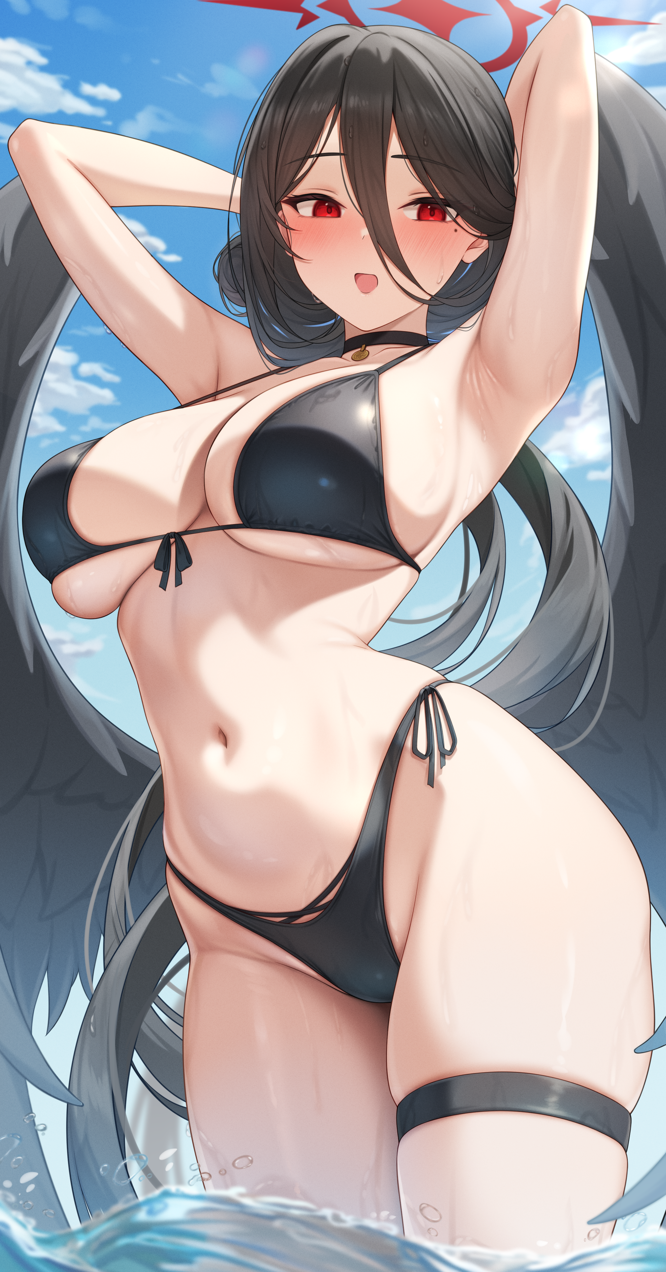 hasumi (blue archive), hasumi (swimsuit) (blue archive), blue archive, absurdres, highres, 1girl, :d, arms up, bikini, black bikini, black choker, black hair, black wings, blue sky, breasts, choker, cloud, day, halo, hayasi iru, large breasts, mole, mole under eye, navel, open mouth, outdoors, oversized wings, red eyes, red halo, sky, smile, solo, stomach, swimsuit, thigh strap, wet, wings