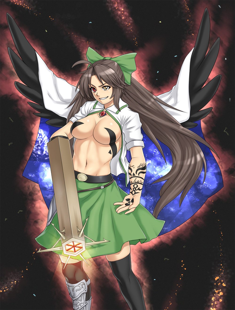houtengeki, reiuji utsuho, fullmetal alchemist, touhou, highres, 00s, 1girl, breasts, brown hair, female focus, grin, heterochromia, long hair, midriff, navel, open clothes, open shirt, ribbon, shirt, smile, solo, symbol-shaped pupils, tattoo, wings