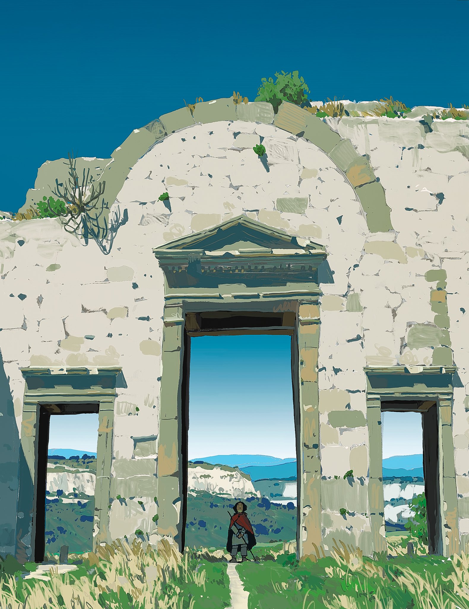 alariko, original, highres, 1boy, black hair, blue sky, cape, doorway, fantasy, grass, holding, holding staff, looking up, mountainous horizon, outdoors, red cape, ruins, scenery, sky, solo, staff, standing, wide shot