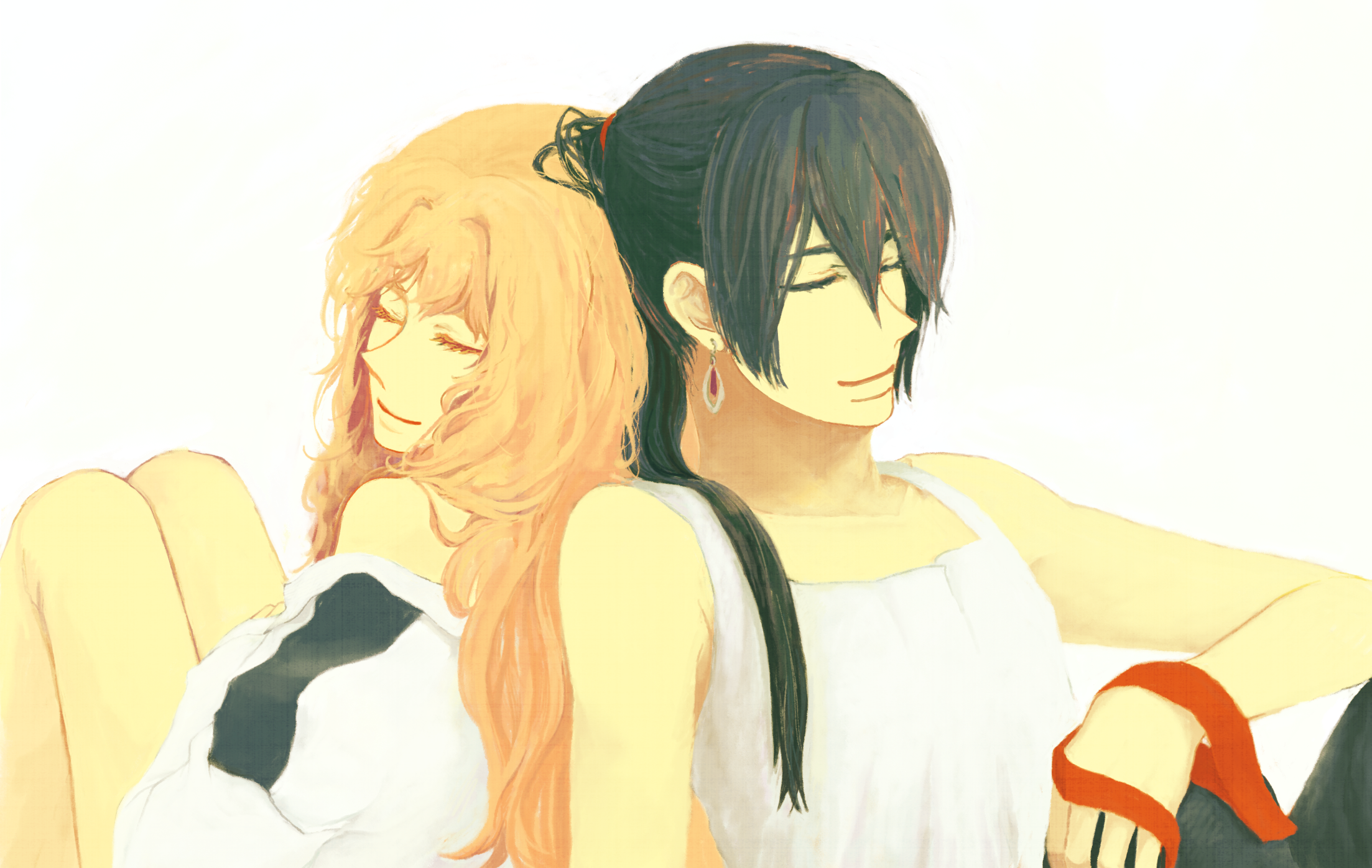 takako, saotome alto, sheryl nome, macross, macross frontier, highres, 00s, 1boy, 1girl, back-to-back, closed eyes, collarbone, fingerless gloves, gloves, shirt, simple background, sitting, sleeping, sleeveless, sleeveless shirt, tank top, upper body, white background, white shirt