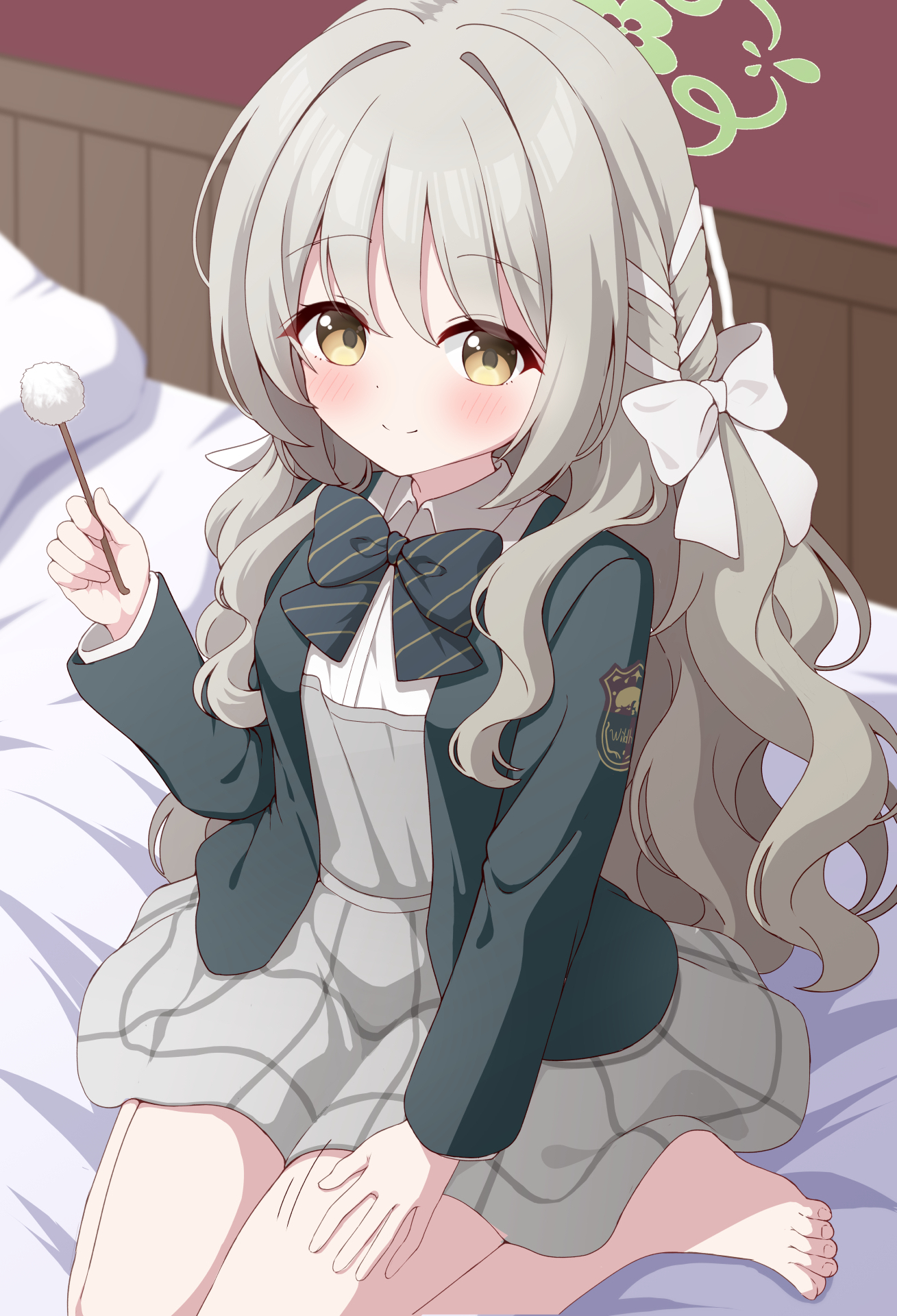 azel (laevateinn495), miyo (blue archive), blue archive, highres, 1girl, barefoot, bow, closed mouth, halo, jacket, long hair, mimikaki, smile, solo