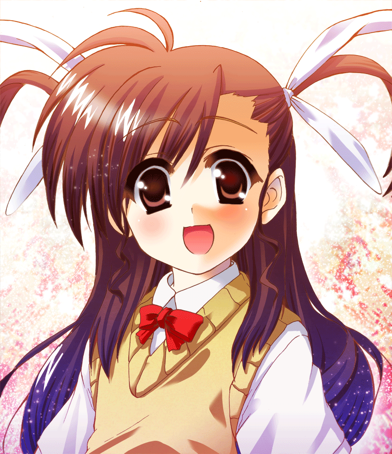 nanohana kohina, vivio, lyrical nanoha, mahou shoujo lyrical nanoha, mahou shoujo lyrical nanoha strikers, bad id, bad pixiv id, 00s, 1girl, alternate hair color, blush, brown eyes, brown hair, female focus, hair ribbon, heterochromia, long hair, red eyes, ribbon, school uniform, solo