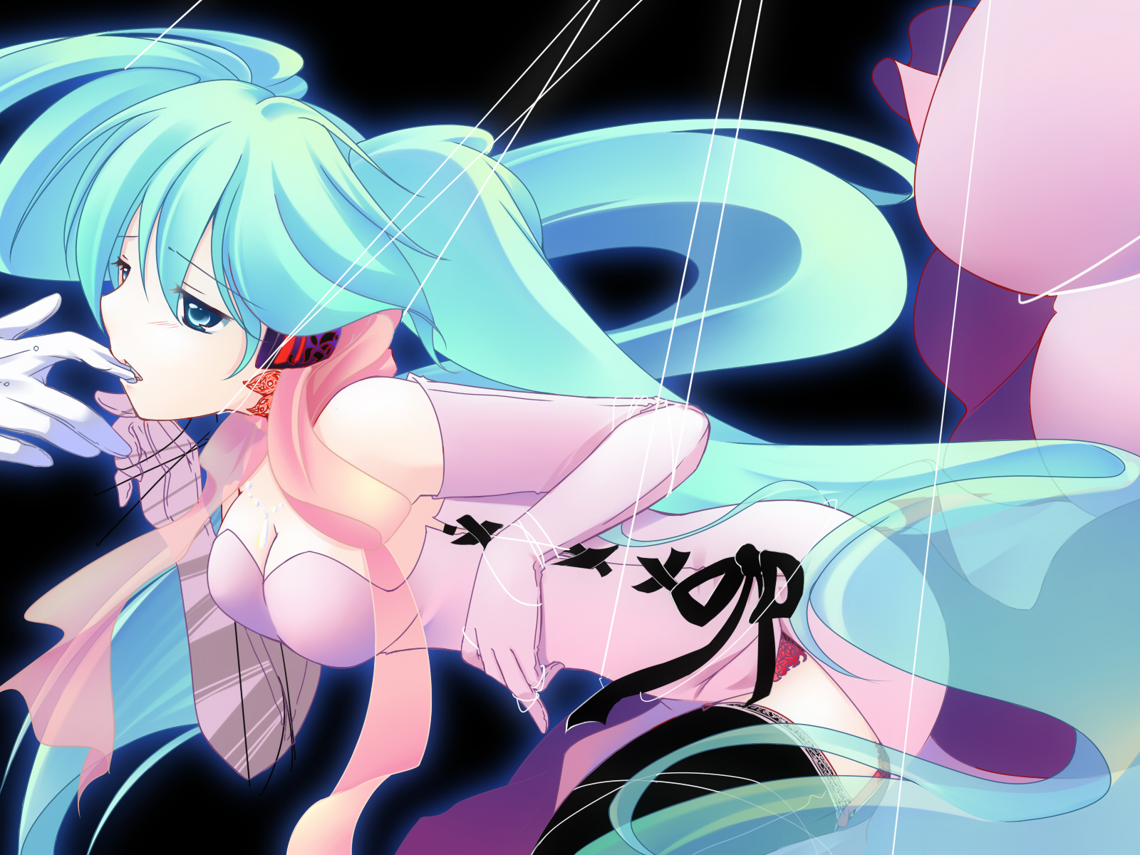 tokei, hatsune miku, marionette (vocaloid), vocaloid, biting finger, bad id, bad pixiv id, highres, 1girl, aqua eyes, aqua hair, biting, breasts, cleavage, dress, elbow gloves, female focus, garter belt, gloves, long hair, medium breasts, solo, string, thighhighs, twintails, very long hair, zettai ryouiki