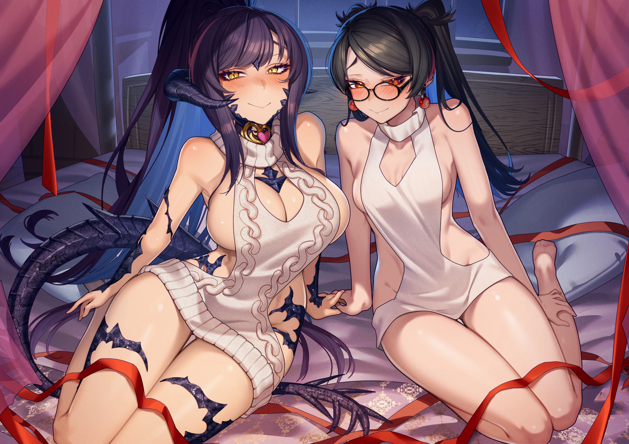 cluseller, sapphira nyx, warrior of light (ff14), final fantasy, final fantasy xiv, highres, second-party source, variant set, 2girls, au ra, barefoot, bed, black hair, blush, breasts, canopy bed, cleavage, cleavage cutout, closed mouth, clothing cutout, dragon horns, dragon tail, dress, earrings, embarrassed, eyebrows hidden by hair, glasses, hand on own leg, holding hands, horns, jewelry, large breasts, long hair, looking at viewer, medium breasts, multiple girls, on bed, pillow, ponytail, purple hair, red eyes, scales, sitting, slit pupils, smile, sphere earrings, sweater, tail, twintails, very long hair, white dress, white sweater, yellow eyes