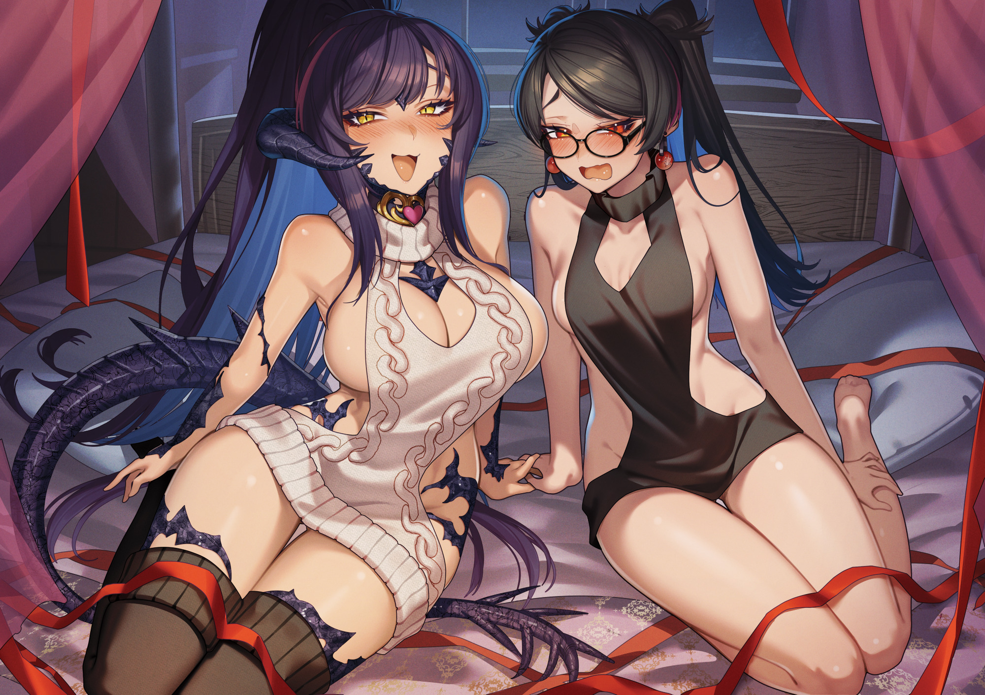 cluseller, sapphira nyx, warrior of light (ff14), final fantasy, final fantasy xiv, highres, second-party source, variant set, 2girls, au ra, averting eyes, barefoot, bed, black dress, black hair, black thighhighs, blush, breasts, canopy bed, cleavage, cleavage cutout, clothing cutout, dragon horns, dragon tail, dress, earrings, embarrassed, eyebrows hidden by hair, glasses, hand on own leg, holding hands, horns, jewelry, large breasts, long hair, looking at viewer, medium breasts, multiple girls, on bed, open mouth, pillow, ponytail, purple hair, red eyes, scales, sitting, slit pupils, smile, sphere earrings, sweater, tail, thighhighs, twintails, very long hair, wavy mouth, white sweater, yellow eyes
