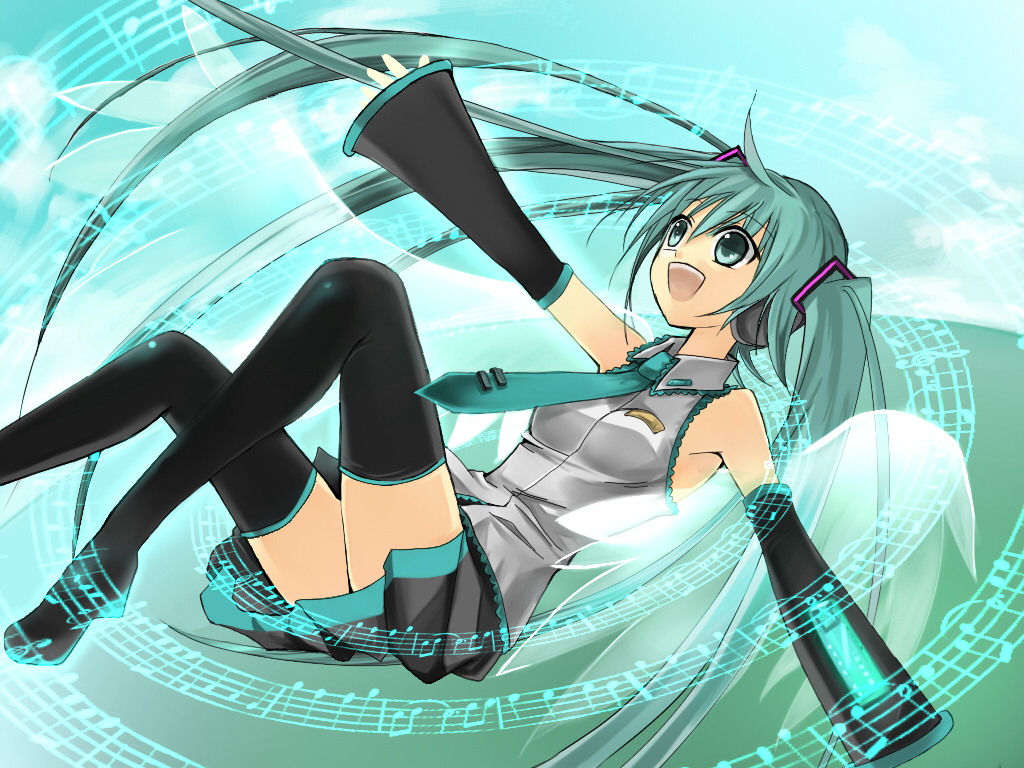 temari (deae), hatsune miku, vocaloid, bad id, bad pixiv id, aqua eyes, aqua hair, detached sleeves, legs, long hair, musical note, necktie, skirt, solo, thighhighs, twintails, very long hair, wings