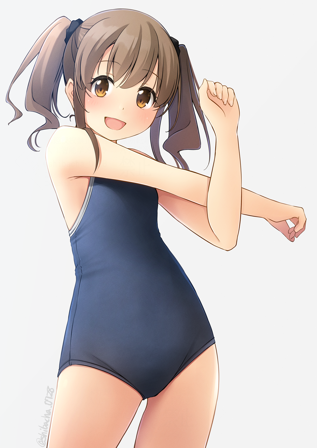 shibacha, original, commentary request, highres, 1girl, artist name, blue one-piece swimsuit, breasts, brown eyes, brown hair, grey background, looking at viewer, one-piece swimsuit, school swimsuit, signature, simple background, small breasts, smile, solo, stretching, swimsuit, twintails, white background