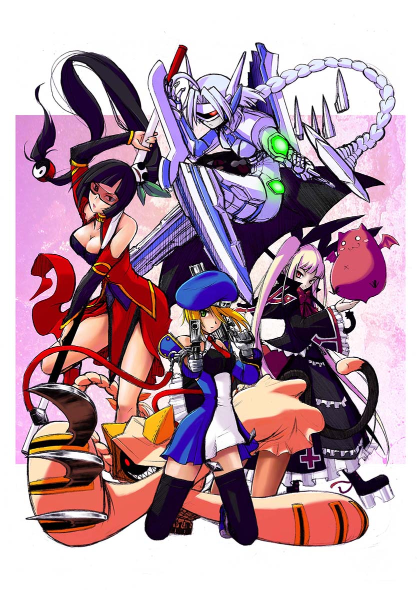 nahanahasai, toto. (nahanahasai), gii, lao jiu, litchi faye ling, nago, noel vermillion, nu-13, rachel alucard, taokaka, arc system works, blazblue, blazblue: calamity trigger, 5girls, ahoge, animal ears, animal hood, beret, black hair, blonde hair, bow, braid, breasts, cat ears, cat hood, cat tail, china dress, chinese clothes, claws, cleavage, detached sleeves, dress, glasses, gloves, gothic lolita, green eyes, grin, gun, handgun, hat, hood, hoodie, large breasts, lolita fashion, long hair, mecha musume, multiple girls, necktie, panda, ponytail, red bow, red eyes, ribbon, short dress, short hair, smile, staff, tail, thighhighs, twin braids, twintails, umbrella, vampire, weapon, white hair, wings, zettai ryouiki