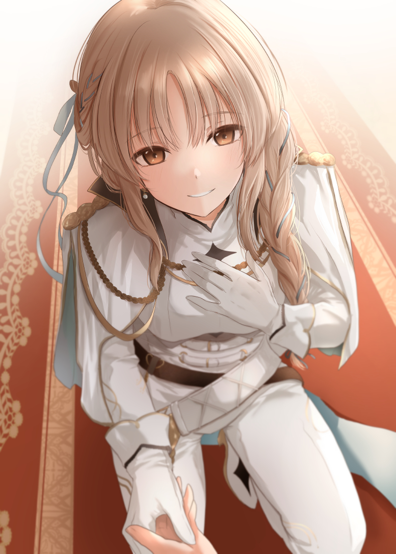 ram hachimin, sister claire, nijisanji, commentary request, 1girl, aiguillette, belt, braid, brown belt, brown eyes, brown hair, capelet, epaulettes, gloves, grin, hand on own chest, holding hands, long sleeves, looking at viewer, official alternate costume, official alternate hairstyle, on one knee, pants, parted bangs, pov, red carpet, shirt, shoes, smile, solo, virtual youtuber, white belt, white capelet, white gloves, white pants, white shirt, white shoes