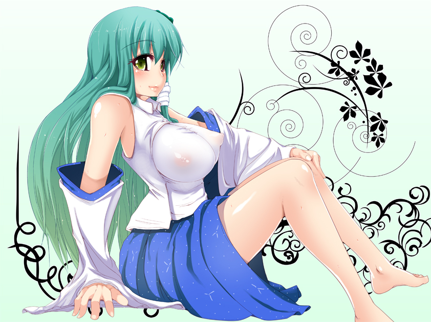 oborozuki, rougetsu (eclipse), kochiya sanae, touhou, 1girl, aqua hair, arm support, bare shoulders, barefoot, blush, breasts, detached sleeves, feet, female focus, green eyes, huge breasts, large breasts, long hair, nipples, see-through clothes, sitting, solo