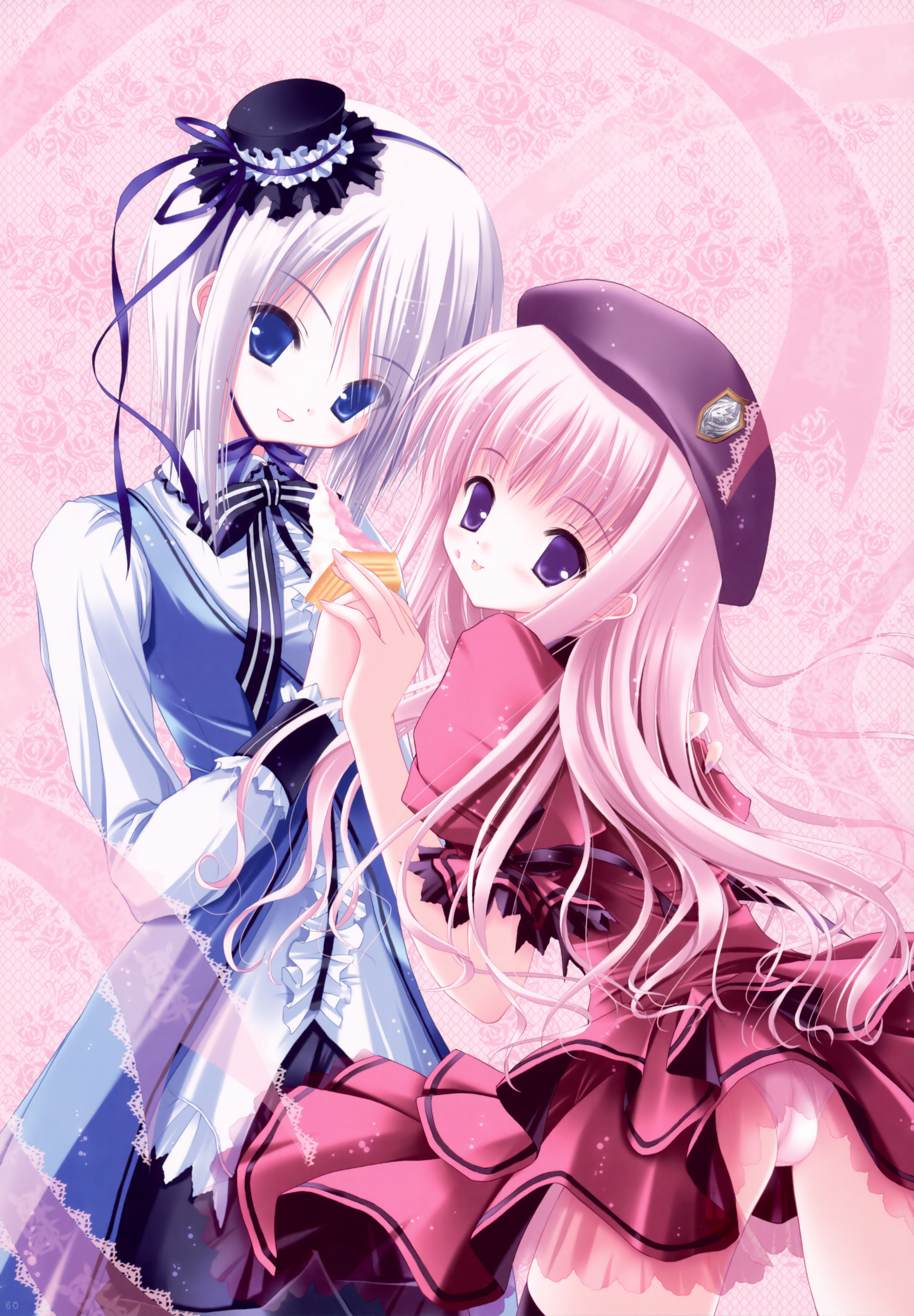 tinker bell (pixiv 10956015), black legwear, absurdres, highres, 2girls, :p, black ribbon, blue dress, blue eyes, blue ribbon, bow, bowtie, dress, floral background, food, hand grab, hat, head tilt, ice cream, ice cream cone, leaning forward, long hair, long sleeves, looking at viewer, looking back, mini hat, multiple girls, neck ribbon, panties, pantyshot, pink dress, pink hair, puffy short sleeves, puffy sleeves, purple eyes, ribbon, see-through clothes, short hair, short sleeves, smile, standing, thighhighs, tongue, tongue out, underwear, white hair, white panties, zettai ryouiki
