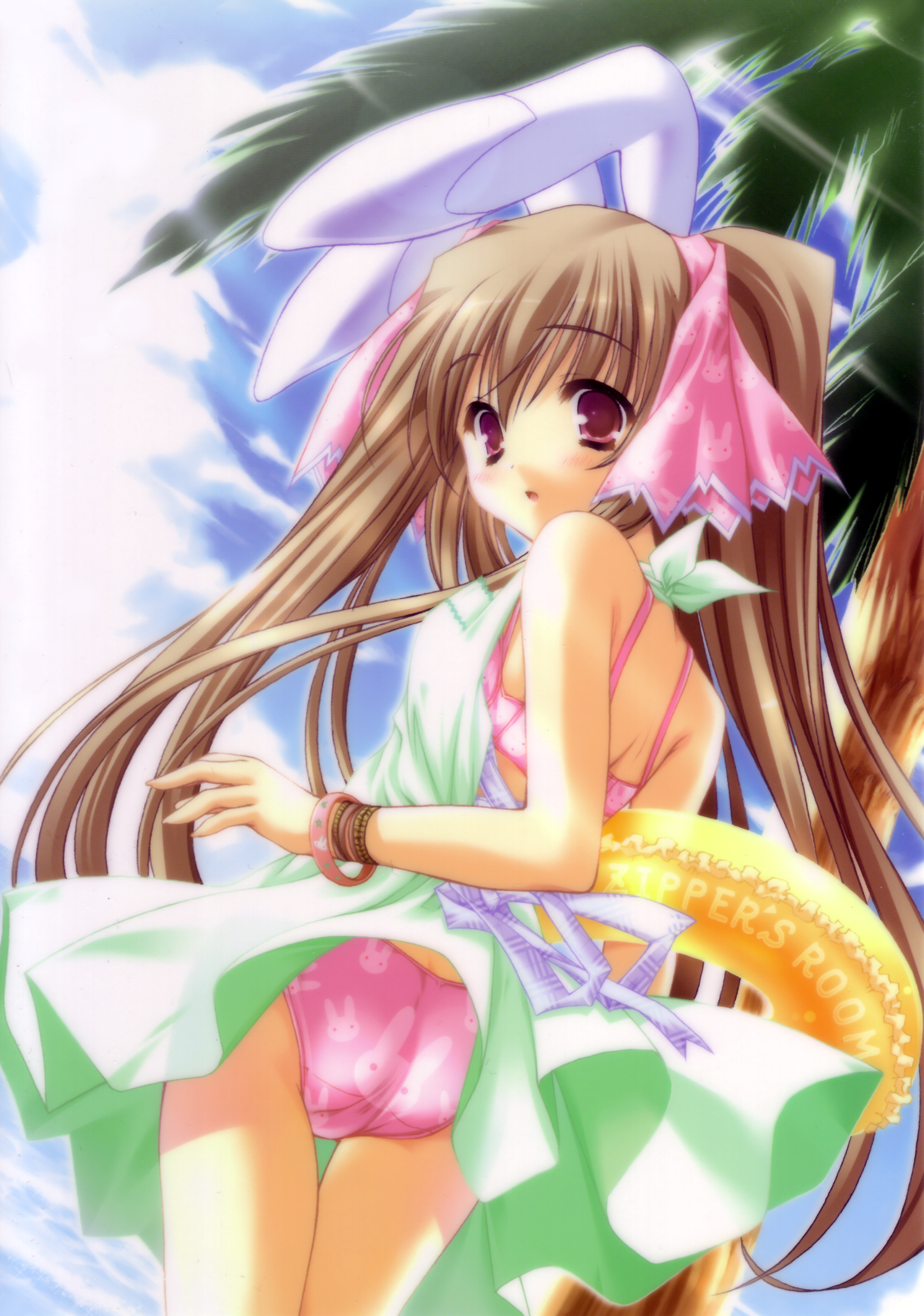 moekibara fumitake, piz, purism egoist, absurdres, highres, 1girl, animal ears, bikini, brown hair, day, female focus, long hair, pink bikini, pink eyes, print bikini, solo, swimsuit, twintails