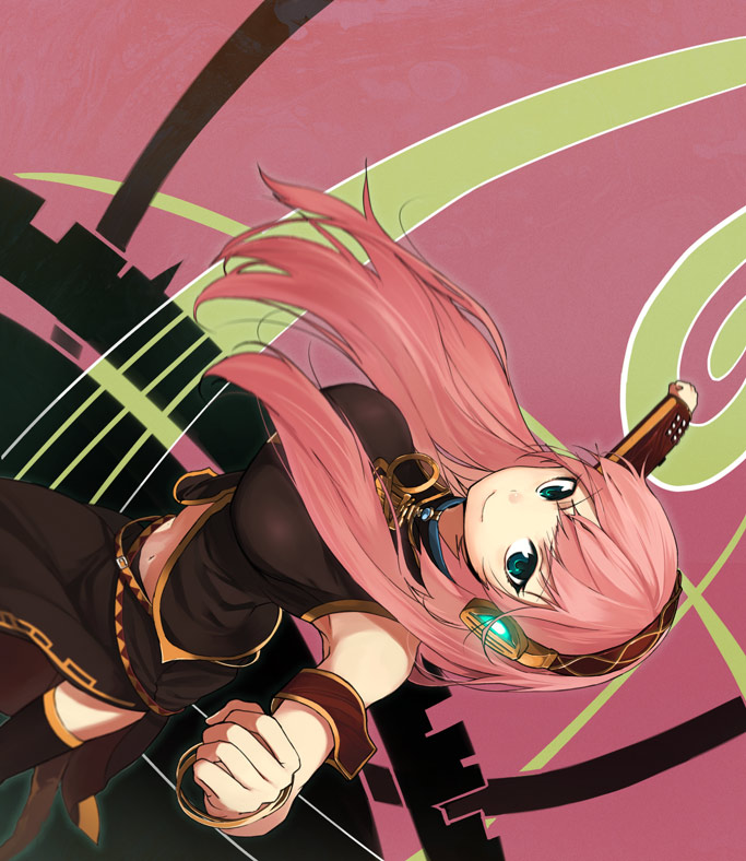 sasamori tomoe, megurine luka, vocaloid, bad id, bad pixiv id, 1girl, breasts, female focus, green eyes, long hair, pink hair, solo, thighhighs