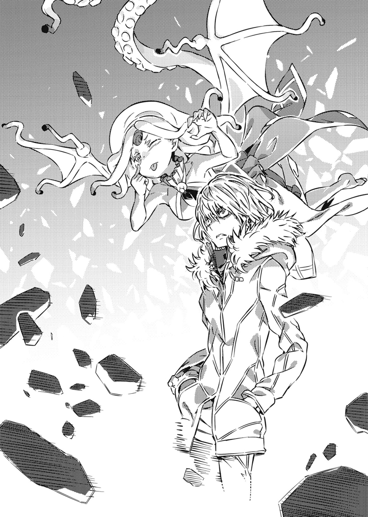haimura kiyotaka, accelerator (toaru majutsu no index), qliphah puzzle 545, toaru majutsu no index, toaru majutsu no index: new testament, commentary request, novel illustration, official art, 1boy, 1girl, :p, albino, androgynous, armpits, bare arms, bare shoulders, barefoot, breasts, bright pupils, demon girl, demon wings, disgust, dress, eyelid pull, finger to eye, floating, floating clothes, frilled dress, frills, from side, fur-trimmed hood, fur-trimmed jacket, fur trim, gradient hair, greyscale, hair between eyes, hair bun, halftone dot (medium), hand up, hands in pockets, headgear, high collar, hole in head, hood, hood down, horizontal pupils, index finger raised, jacket, large breasts, medium hair, monochrome, motion lines, multicolored hair, necktie, one eye closed, pants, parted lips, paw pose, pentagram, pink hair, pointy ears, purple eyes, rags, ribbon, rock, sharp teeth, shoes, sideboob, sleeveless, speed lines, squid girl, symbol-shaped pupils, tail, teeth, tentacle hair, tentacle tail, tentacles, tongue, tongue out, v-shaped eyebrows, white hair, white jacket, white pants, wings, winter clothes