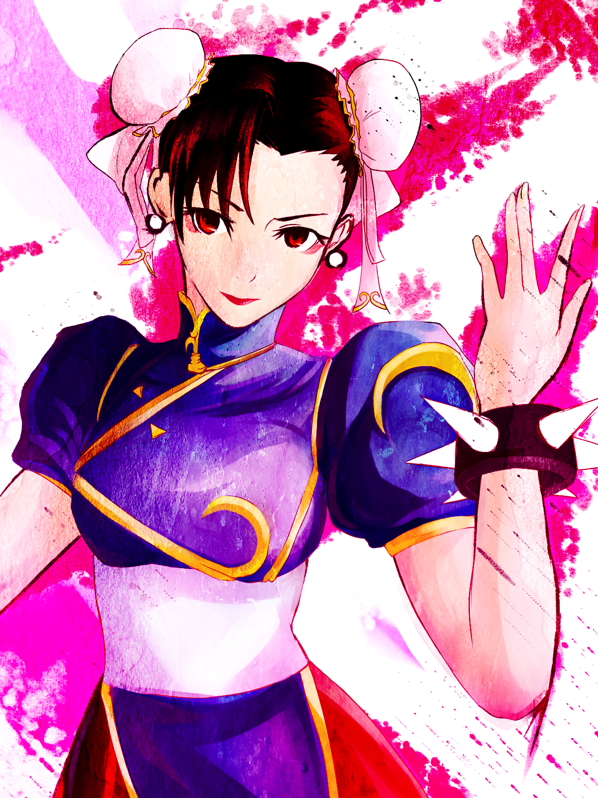 ao (pixiv448374), naji yanagida, chun-li, capcom, street fighter, street fighter ii (series), bad id, bad pixiv id, highres, 1990s (style), 1girl, brown hair, bun cover, china dress, chinese clothes, double bun, dress, eyeshadow, female focus, hair bun, lipstick, makeup, pantyhose, pelvic curtain, red eyes, retro artstyle, ribbon, short hair, solo