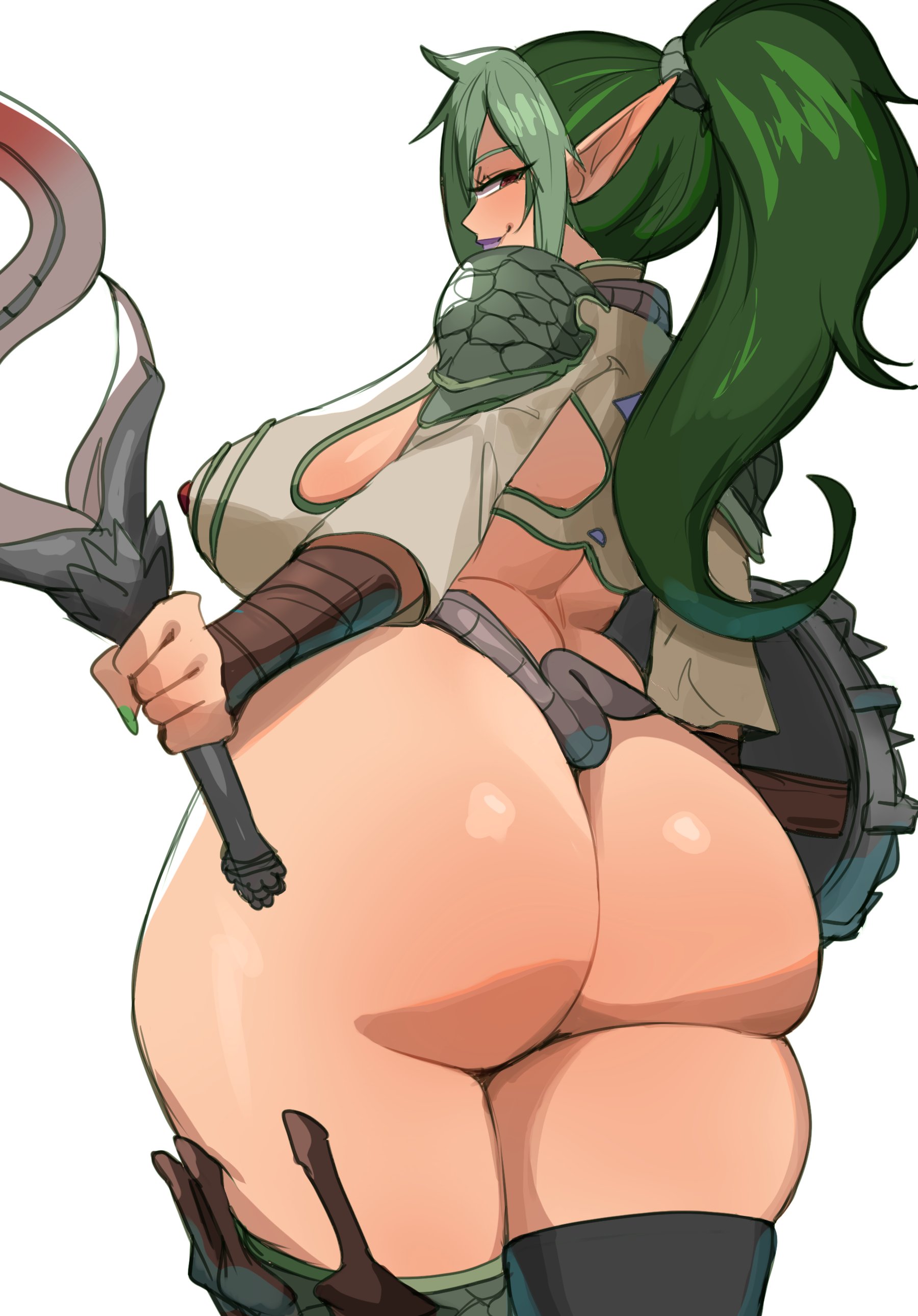 0lightsource, echidna (queen's blade), queen's blade, absurdres, highres, 1girl, armor, ass, bikini armor, breasts, curvy, from behind, full body, green hair, green scales, holding, holding shield, holding sword, holding weapon, huge breasts, lipstick, long hair, long pointy ears, looking at viewer, looking back, makeup, mismatched thighhighs, pointy ears, ponytail, purple lips, red eyes, revealing clothes, shield, smile, smirk, solo, spiked shield, sword, thick thighs, thighs, weapon, wide hips