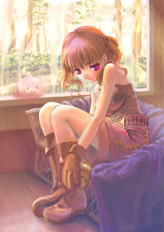 yamadalei, novice (ragnarok online), poring, ragnarok online, bare shoulders, boots, brown hair, gloves, purple eyes, shorts, solo, twintails