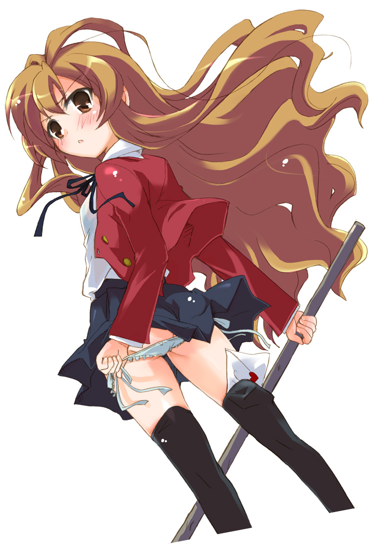 hizuki yayoi, aisaka taiga, toradora!, 00s, black thighhighs, brown eyes, brown hair, from behind, letter, long hair, looking back, panties, school uniform, solo, thighhighs, underwear