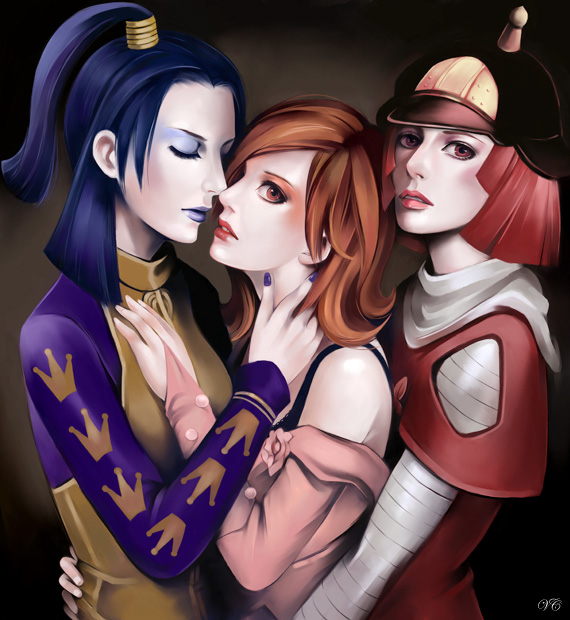 itori (clarice note), hot pants (sbr), lucy steel, scarlet valentine, jojo no kimyou na bouken, steel ball run, hand on neck, bad id, bad pixiv id, 3girls, asymmetrical hair, blue hair, brown hair, closed eyes, hat, hug, imminent kiss, kiss, lips, lipstick, makeup, multiple girls, nail polish, pink eyes, pink hair, ponytail, purple nails, realistic, short shorts, shorts, side ponytail, yuri