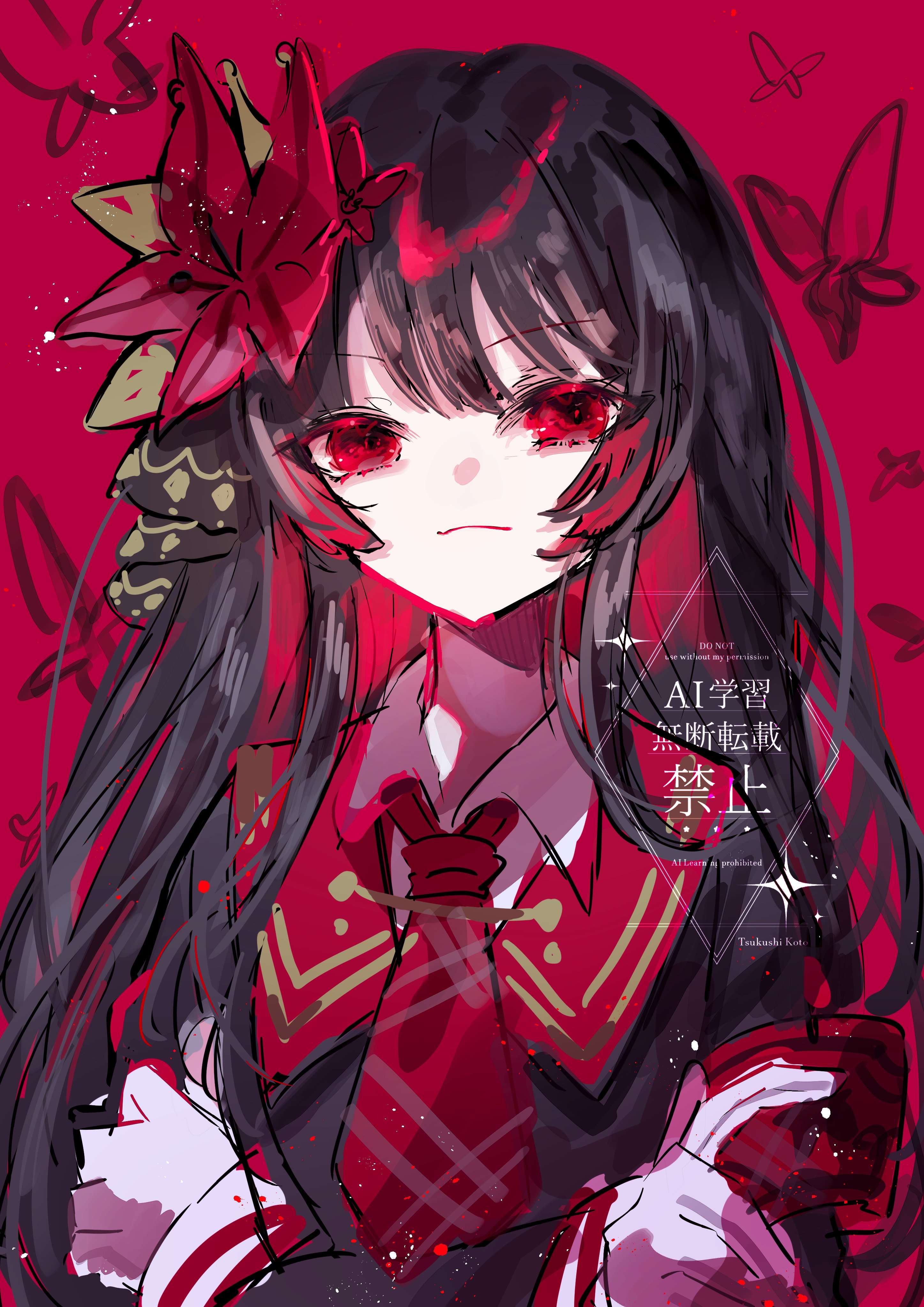 tsukushi koto, nikaido hiro, mahou shoujo no majo saiban, absurdres, highres, 1girl, armband, black hair, bug, butterfly, crossed arms, crown, flower, gloves, hair flower, hair ornament, hime cut, insect, looking at viewer, magical girl, necktie, red armband, red butterfly, red eyes, red flower, red necktie, solo, upper body, watermark, white gloves