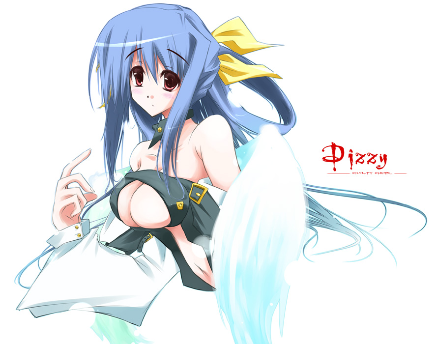 nt50, dizzy (guilty gear), arc system works, guilty gear, guilty gear x, guilty gear xx, 1girl, asymmetrical wings, bare shoulders, blue hair, blush, bow, breasts, detached sleeves, female focus, hair bow, large breasts, long hair, midriff, navel, red eyes, ribbon, solo, underboob, wings