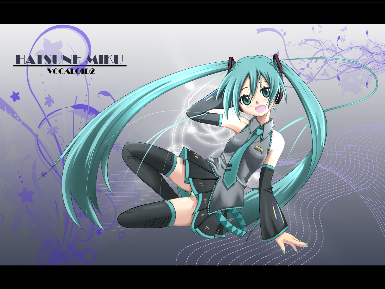 u-zone, hatsune miku, vocaloid, highres, 1girl, aqua eyes, aqua hair, aqua nails, detached sleeves, female focus, letterboxed, long hair, nail polish, necktie, skirt, solo, thighhighs, twintails, very long hair