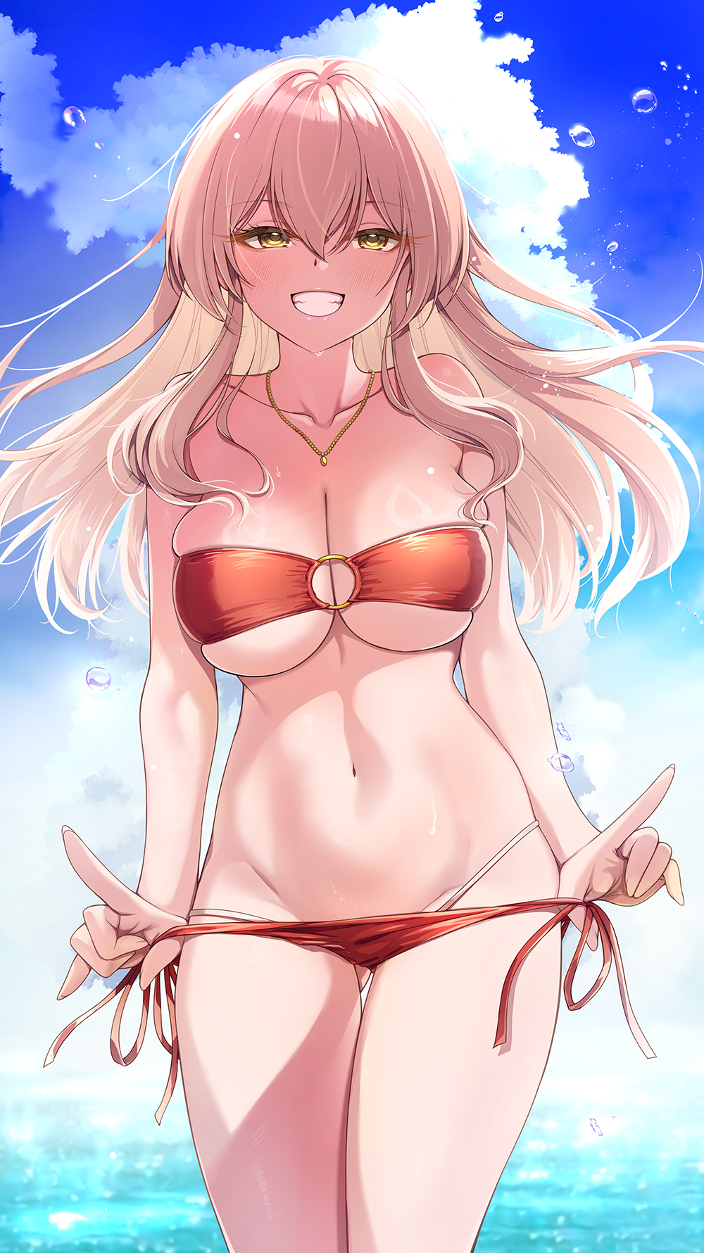 mk (mod0), jougasaki mika, idolmaster, idolmaster cinderella girls, highres, 1girl, bandeau, bikini, bikini pull, blue sky, breasts, brown hair, cleavage, clothes pull, cloud, collarbone, day, grin, hair between eyes, jewelry, large breasts, layered bikini, long hair, looking at viewer, navel, necklace, outdoors, red bikini, sidelocks, sky, smile, solo, standing, swimsuit, teeth, water drop, white bikini, yellow eyes